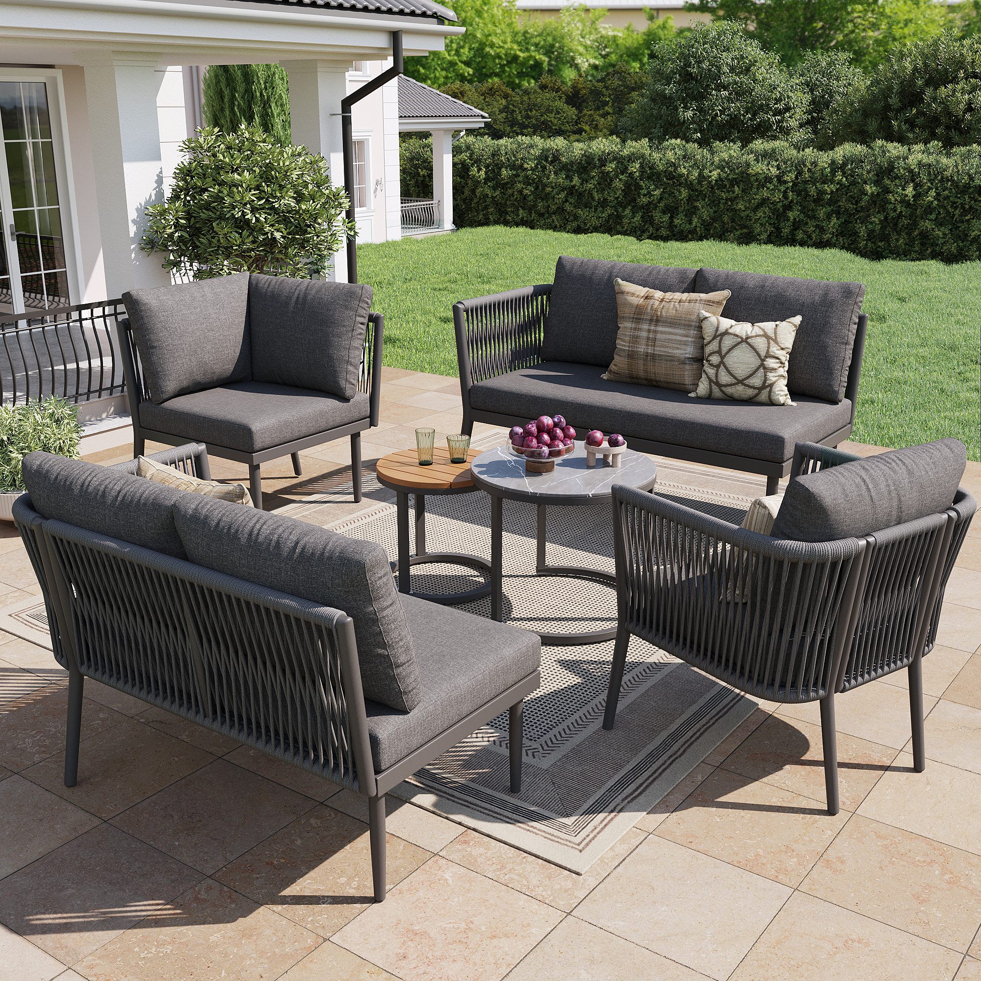 Celya Gartenlounge-Set Gartenlounge-Set für 5-6 Personen,Großes Outdoor Sofa Set, (Modulares Ecksofa Set für Terrasse Balkon, Grau), 6-teiliges PE-rattan Sitzgruppe mit wasserfester Sitzbank, Kissenset