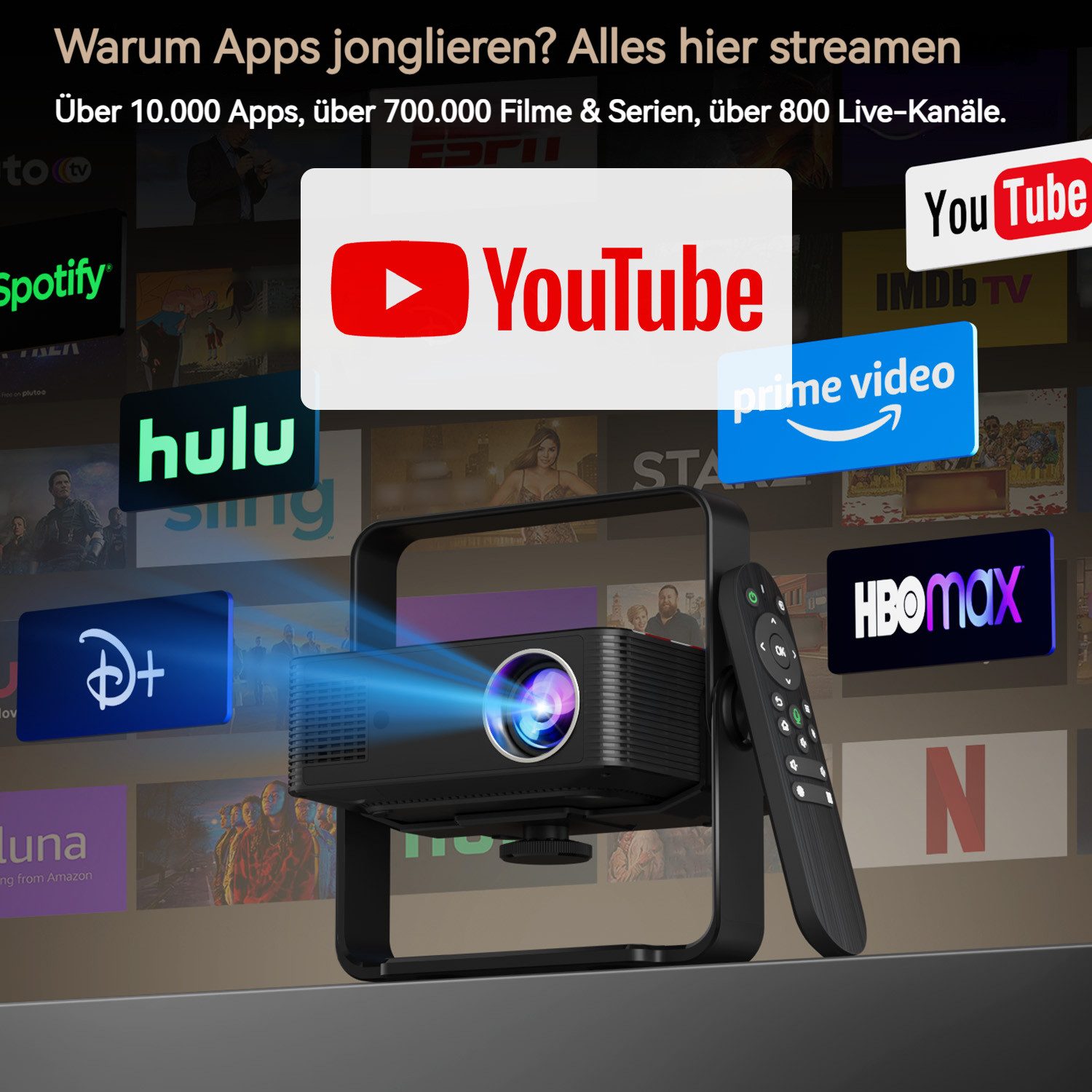 XNANO HM102 Smart Projektor, 300 ANSI, Android 13, WiFi 6, BT5.2 LCD-Beamer (300 lm, 3840 x 2160 px, Full HD 1080P, 4K@30fps Videodekodierung, 360° integrierte Halterung)