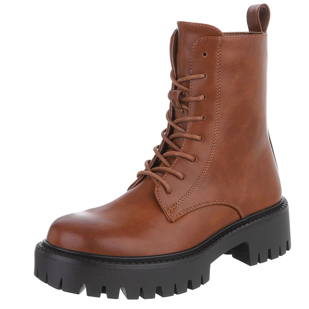 Ital-Design Stylischer Damenstiefel mit robuster Sohle für Wintertage Plateaustiefelette (90169441) Blockabsatz Stiefeletten in Camel