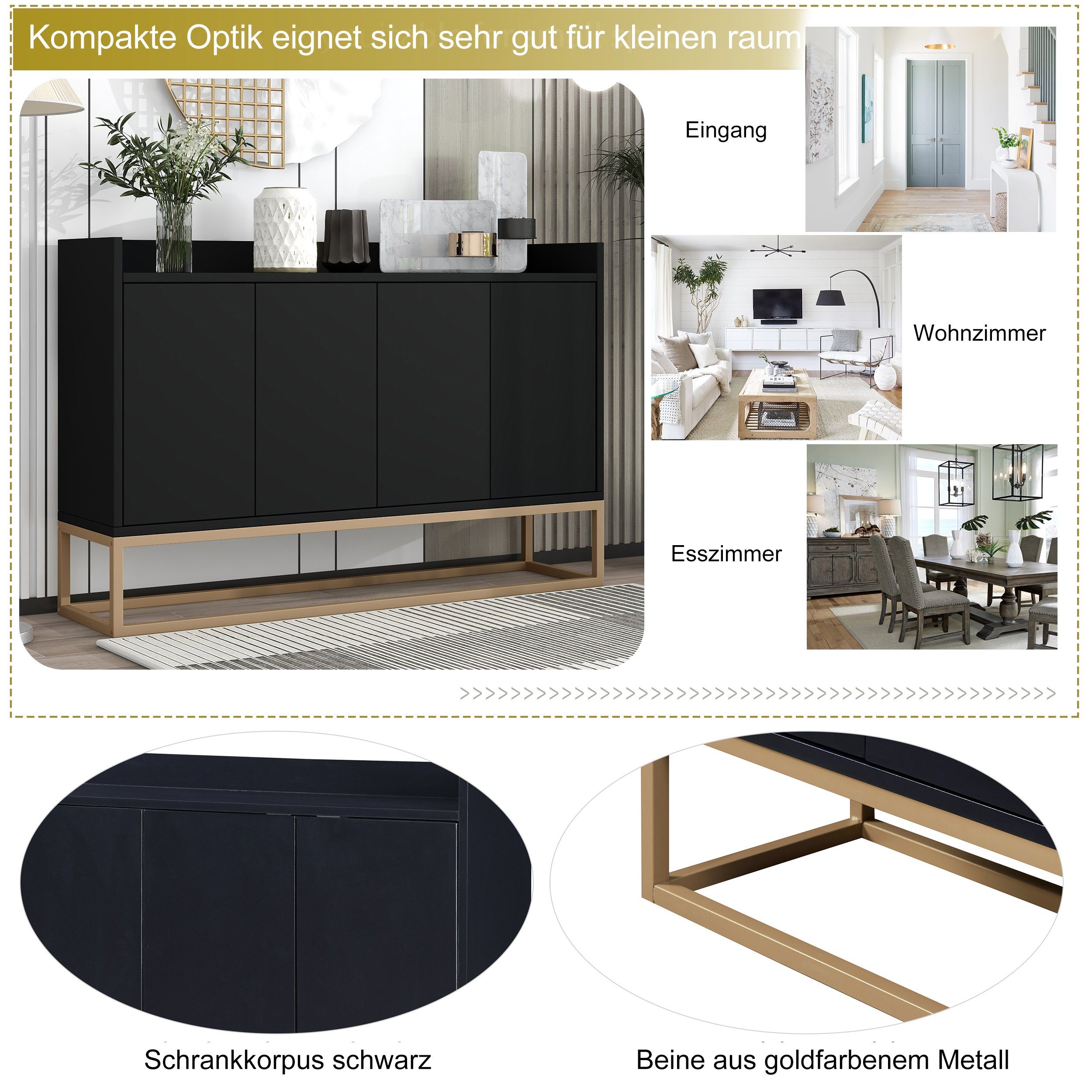OKWISH Sideboard Anrichte, Küche) Küchenschrank Esszimmer, Buffetschrank im für Wohnzimmer, schwarz Modernes Stil (griffloser minimalistischen 4-türiger