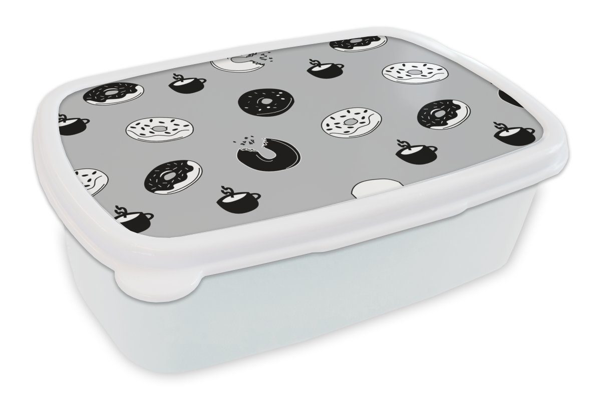 MuchoWow Lunchbox Donut - Muster - Kaffee - Schwarz und Weiß, Kunststoff, (2-tlg), Brotbox für Kinder und Erwachsene, Brotdose, für Jungs und Mädchen
