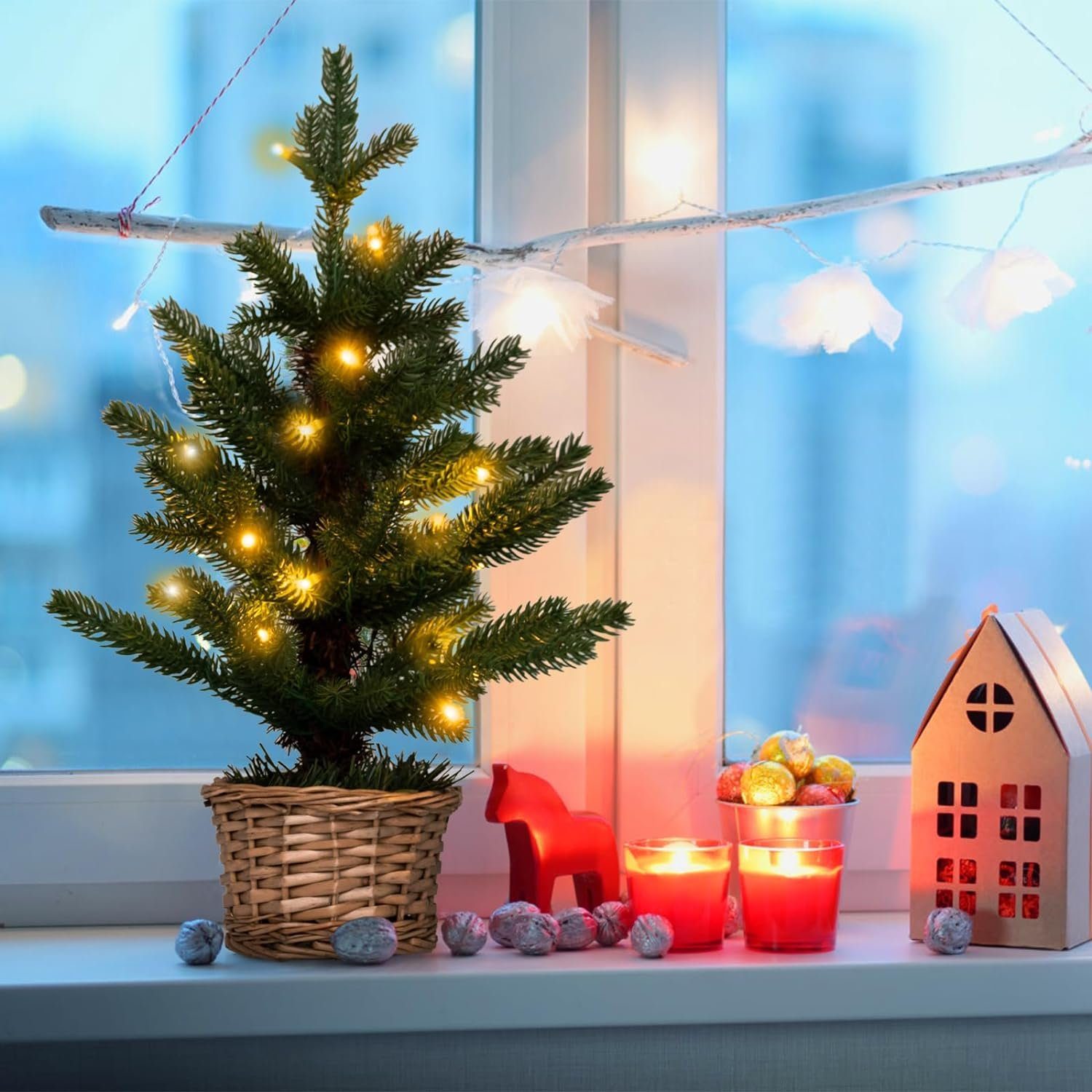 COSTWAY Künstlicher Weihnachtsbaum, 53cm mit 20 LEDs, Weidenholztopf & Timer