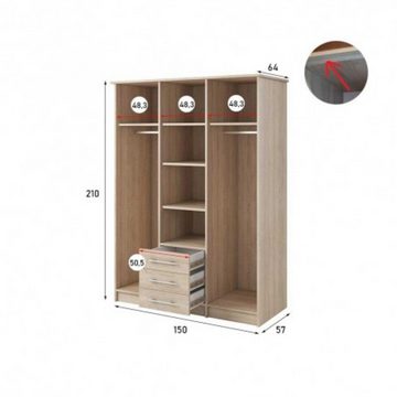 MOEBLO Drehtürenschrank RUTH 3D (mit Spiegel und Schubladen, Kleiderschrank 3-türig Schrank Garderobe Schlafzimmer) (BxHxT):150x210x64cm
