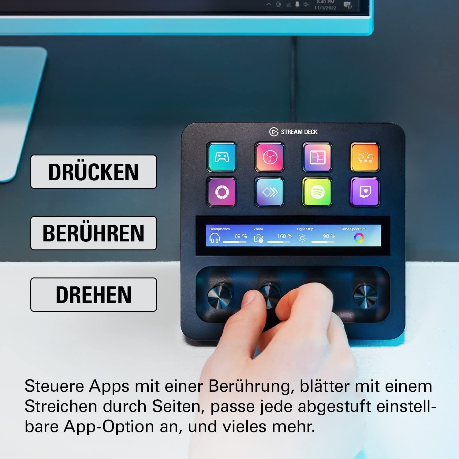 and Streaming-Box Keys Elgato Stream Backlit, Hotkeys Stand, Deck Keys, +, Customizable Media Integrated