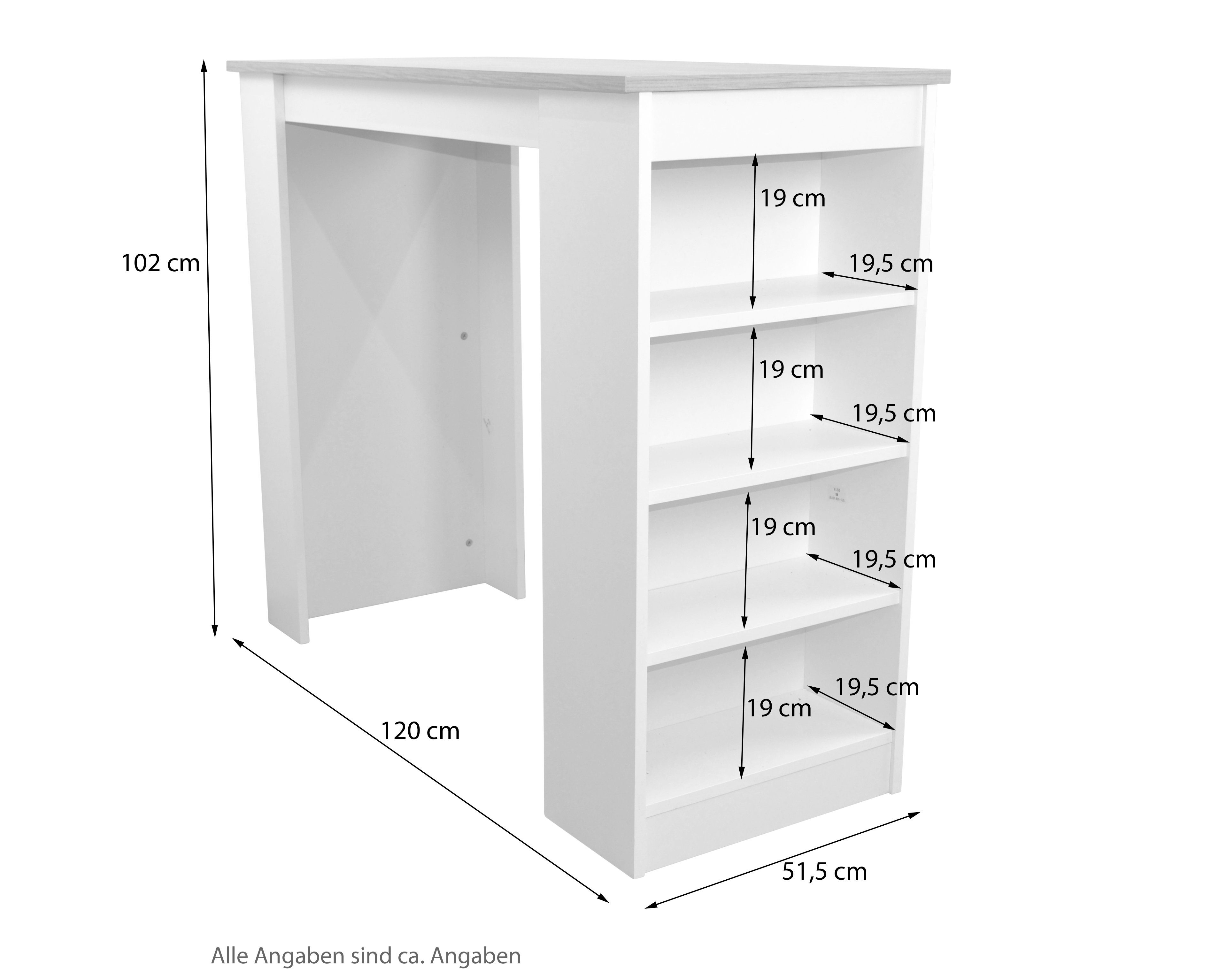 (120x51,5 cm, Heike moebel-direkt-online Mit Bartisch Regal) weiß/eichefarben integrierten