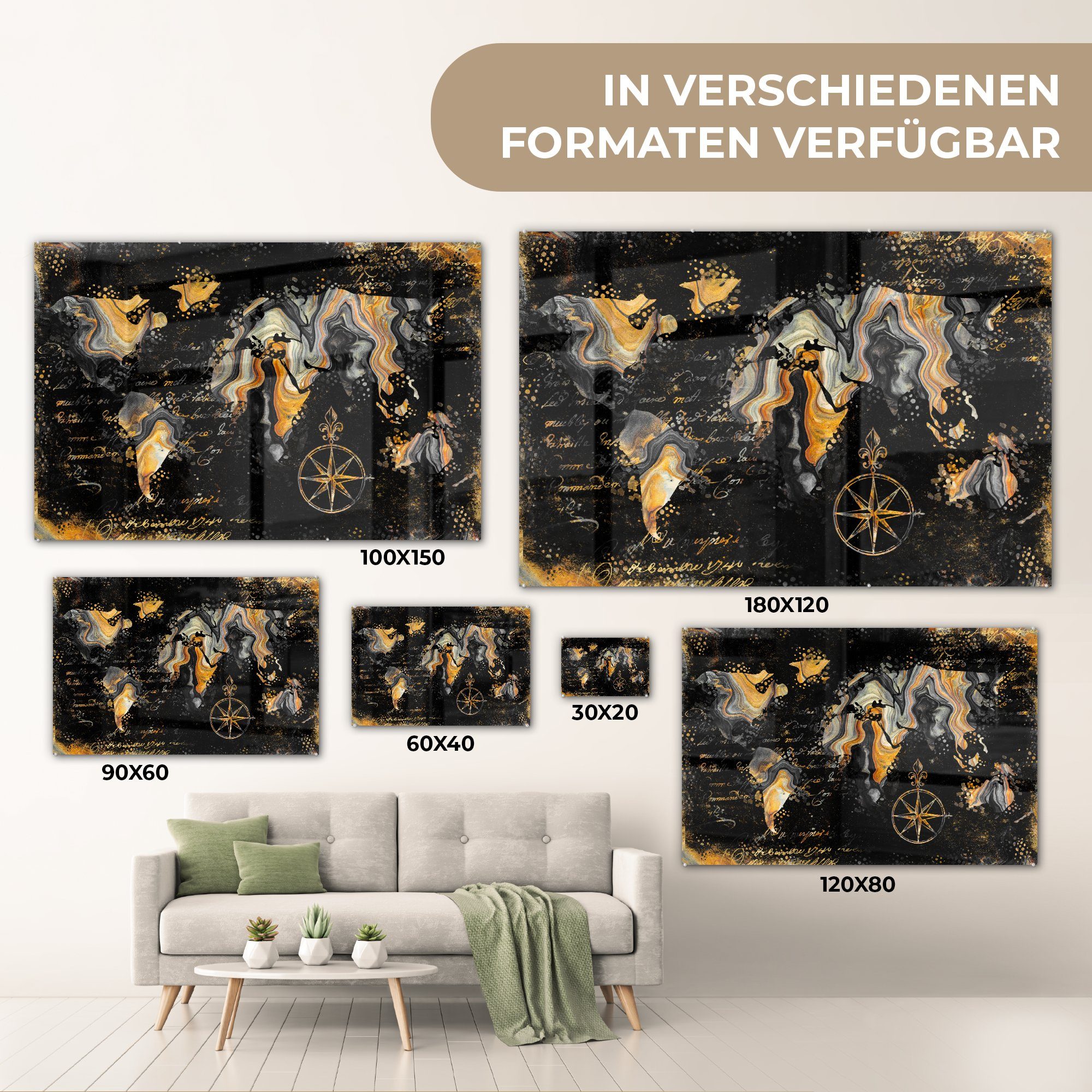 MuchoWow Acrylglasbild Weltkarte Marmor St), Gold, Wohnzimmer & - (1 Acrylglasbilder - Schlafzimmer