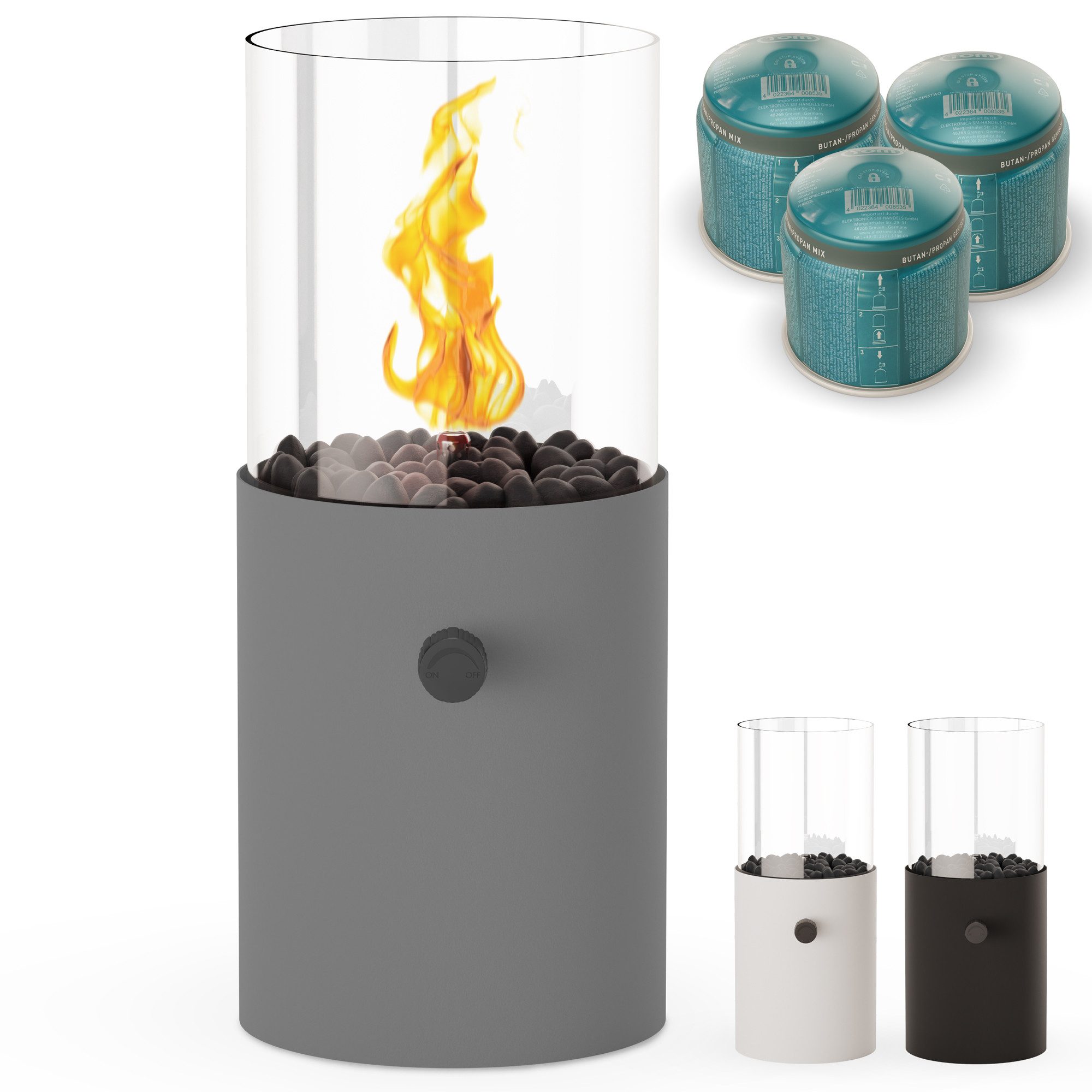 TOM Echtfeuer-Dekokamin Tischkamin Gas mit 3x 190g Kartuschen, Dekosteine, 3 x 190 g Gaskartuschen, Indoor, Outdoor