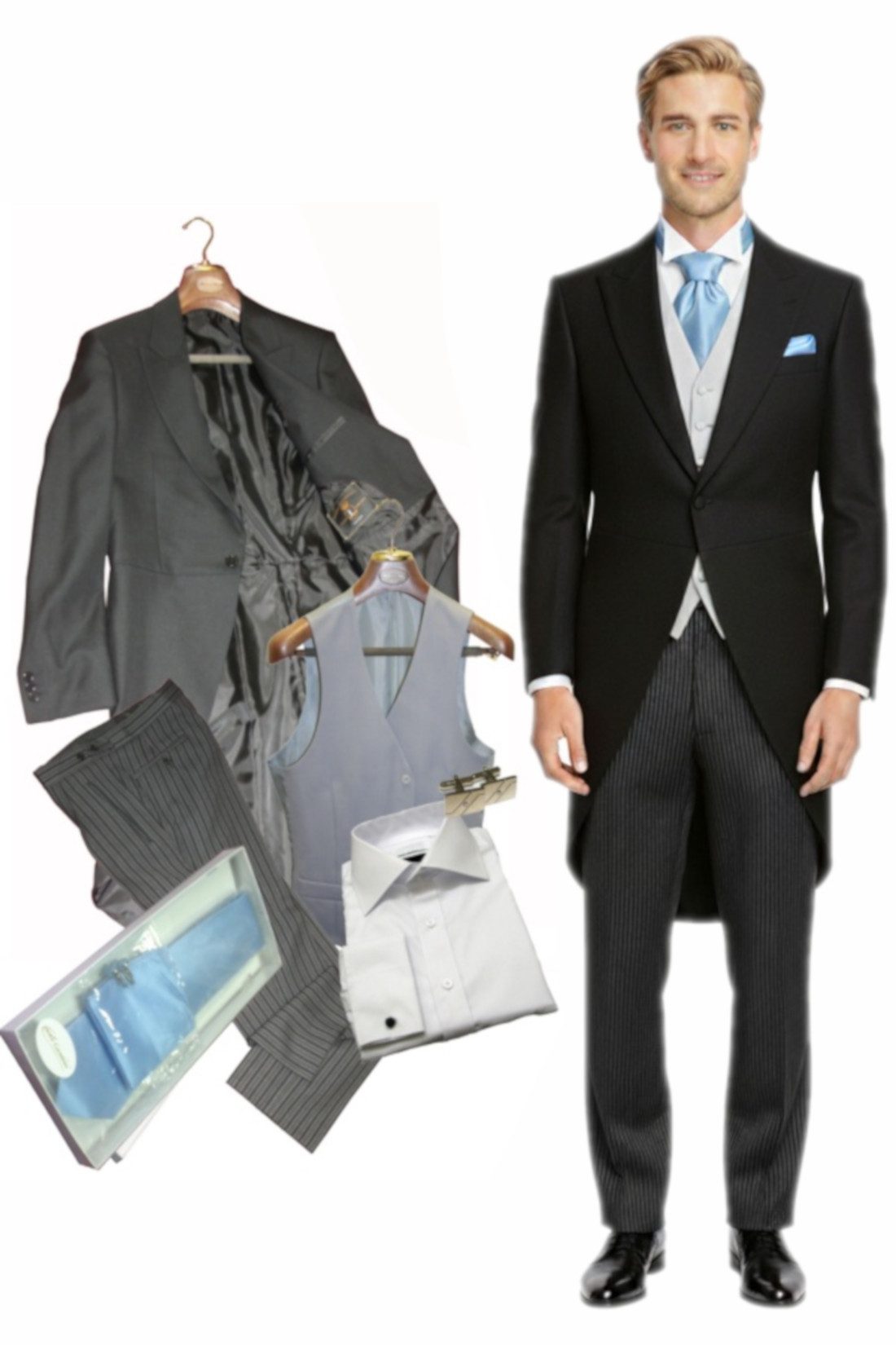 Freiherr von Falkenhausen Anzug Cut / Cutaway Anzug als Stresemann Gehrock 7-teiliges Set (Cutjacke, Stresemann Hose, Hemd, Weste, Plastron etc) Set Cutaway Anzug, inkl. Cutjacke & Stresemann Paket (Morning Coat)