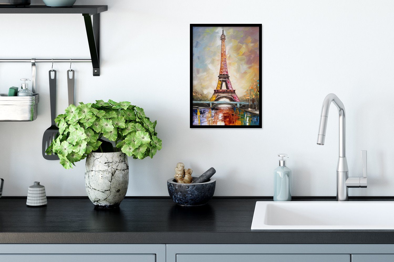 MuchoWow Poster Eiffelturm - Ölgemälde St), - Bilder, Schwarzem Wandposter, Paris, Poster, Bilderrahmen (1 Gerahmtes Wanddeko