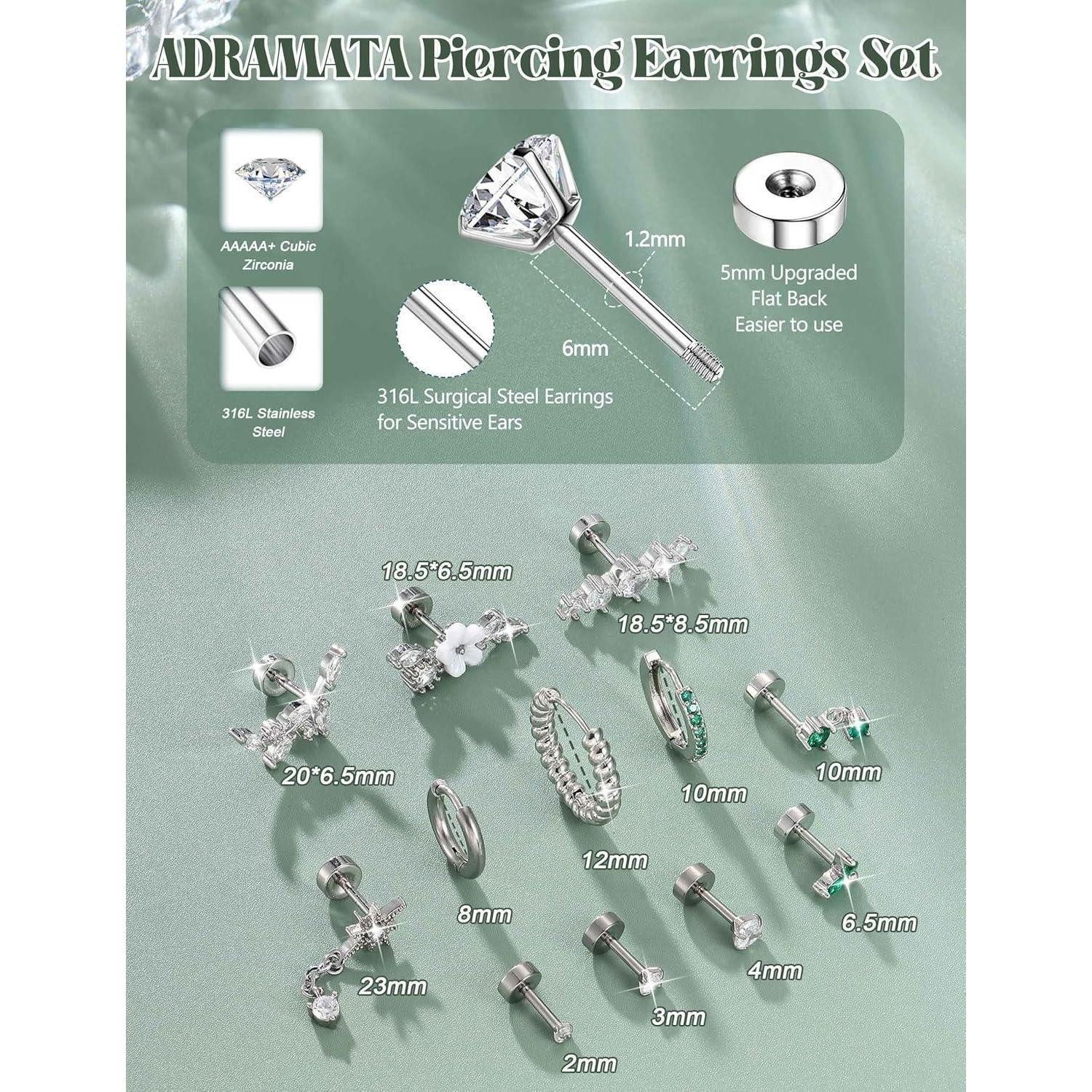 LuxusKollektion Piercing-Set Ohrringe Helix Tragus Conch Chirurgenstahl 12Pcs CZ Silber grüncz – Bild 3 von 5