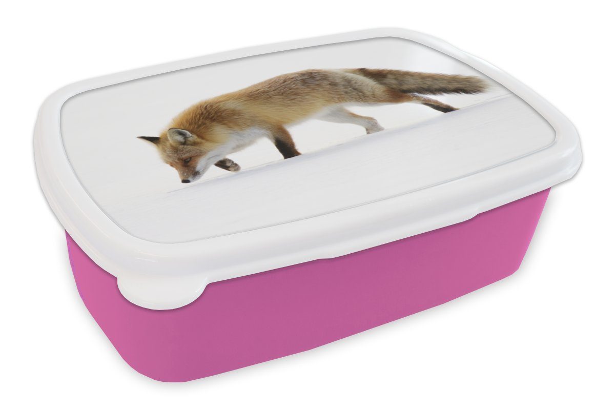 Lunchbox Schnee Kinder, - Brotdose Kunststoff, MuchoWow (2-tlg), Fuchs Weiß, Brotbox - rosa für Kunststoff Erwachsene, Mädchen, Snackbox,