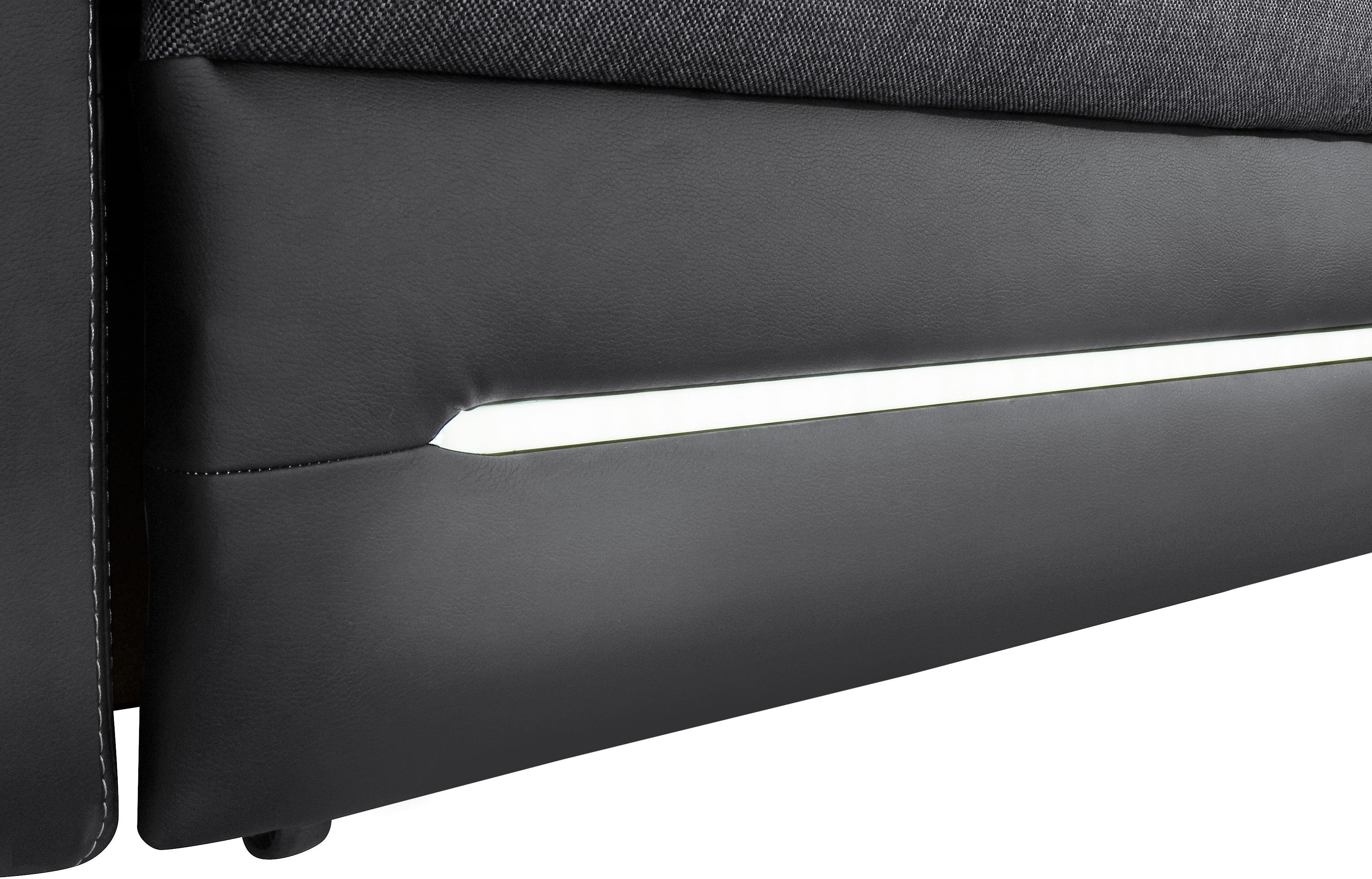 Jockenhöfer Gruppe Ecksofa Basel, inklusive und LED-Beleuchtung, schwarz | Bettfunktion schwarz mit Bettkasten