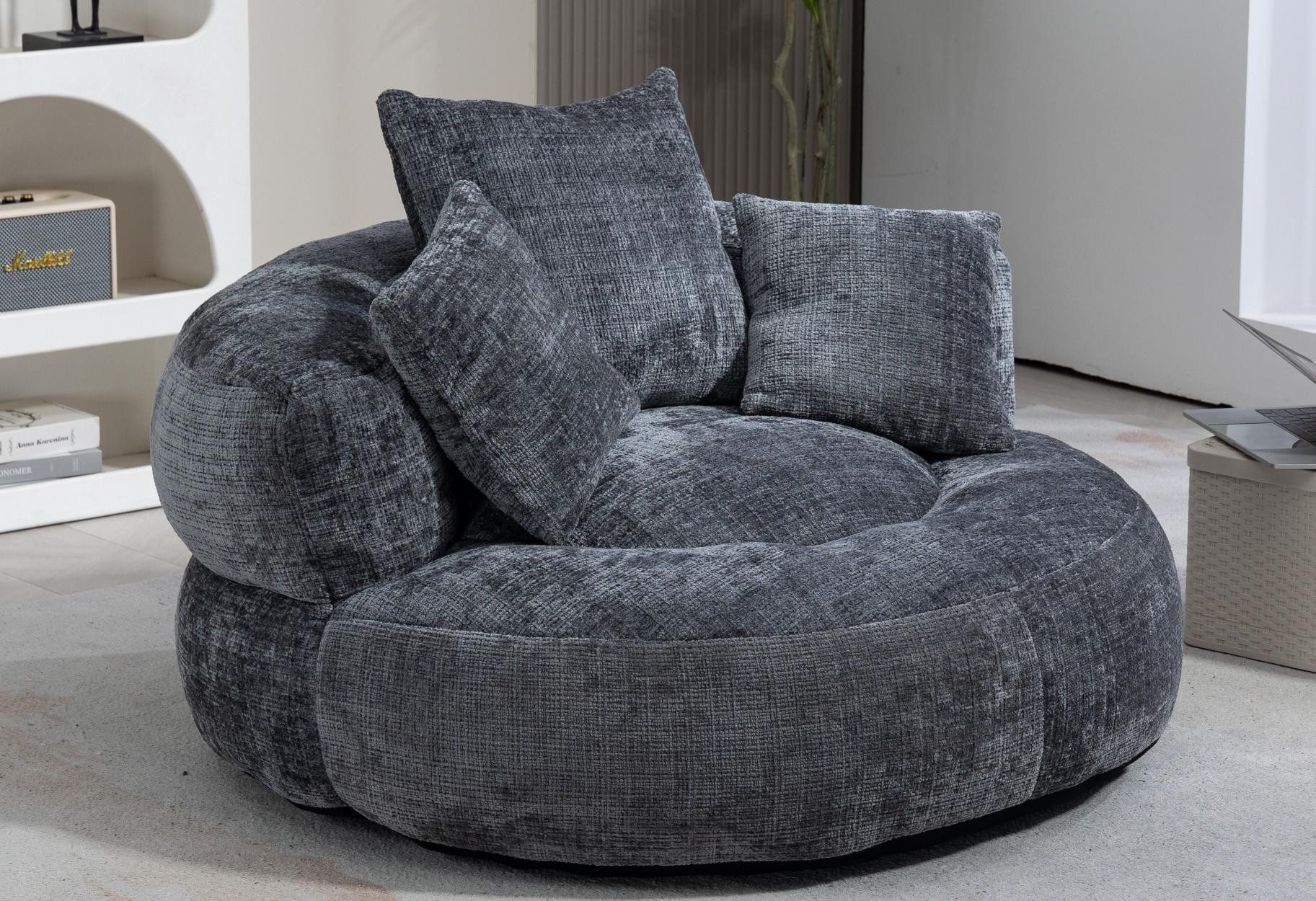 LVHOM Sitzsack 108x108x52cm Chenille Premium Sofa mit 3 extra Kopfkissen (Kuschelig & Atmungsaktiv, Einzelsitzer-Lounge, komplett komprimiert geliefert. Perfekt für Ruhe, Lesen, Gaming & Nickerchen. Ideal für Wohnzimmer, Schlafzimmer, Spielzimmer & Office