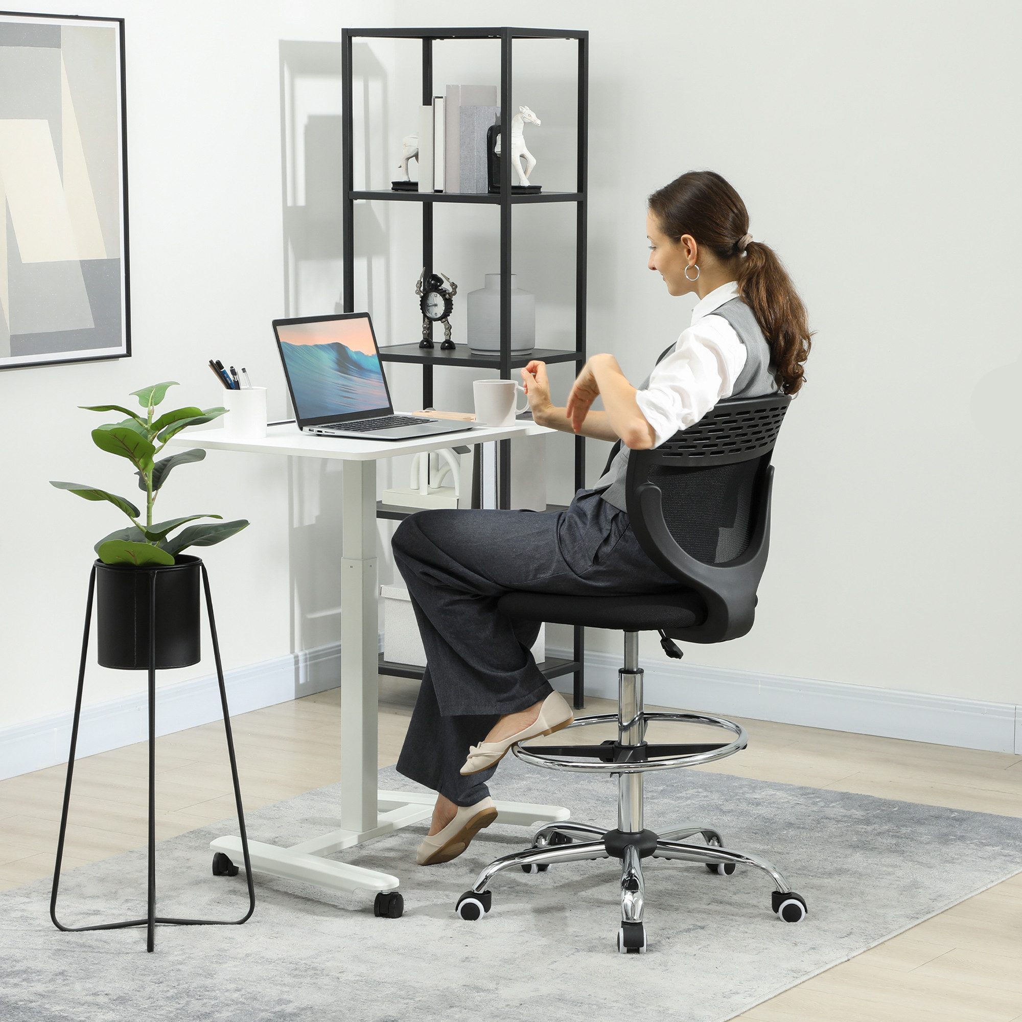 Vinsetto Schreibtischstuhl Bürostuhl Ergonomisch mit verstellbarer Fußring (Computerstuhl, 1 St), mit Netzbespannung, Office Chair, Drehstuhl Schwarz