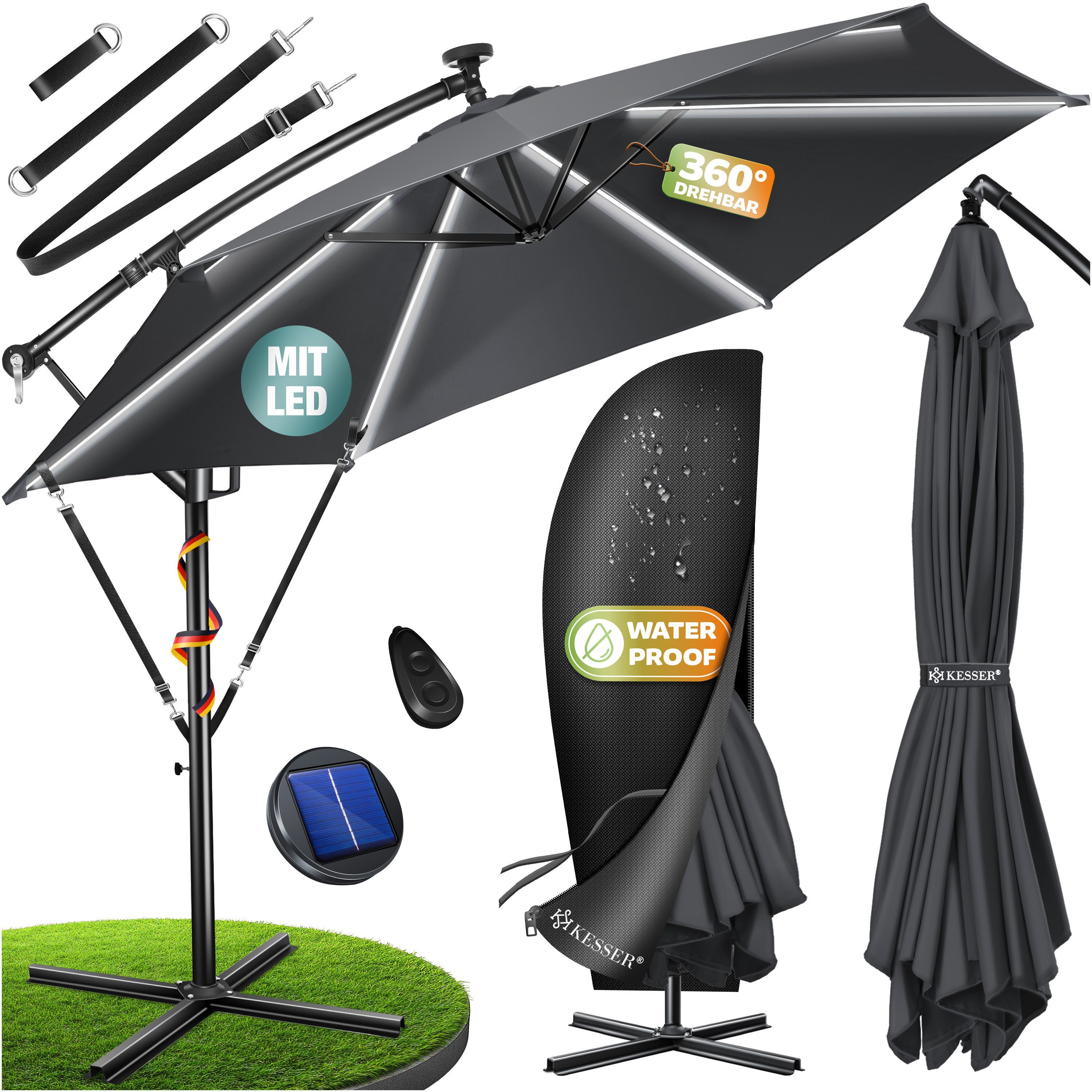 KESSER Ampelschirm ⌀300cm Alu Sonnenschirm mit LED Solar Inkl. Abdeckung & Fernbedienung, Kurbelschirm mit Ständer Wasserabweisend, 360° Funktion & UV-Schutz