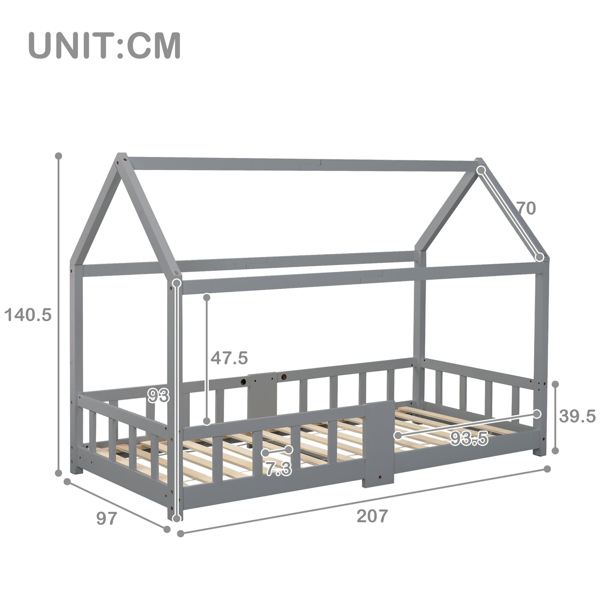 90x200cm Kinderbett Hausbett (1-tlg), grau mit Massivholzbett Kiefer Flieks Tafel
