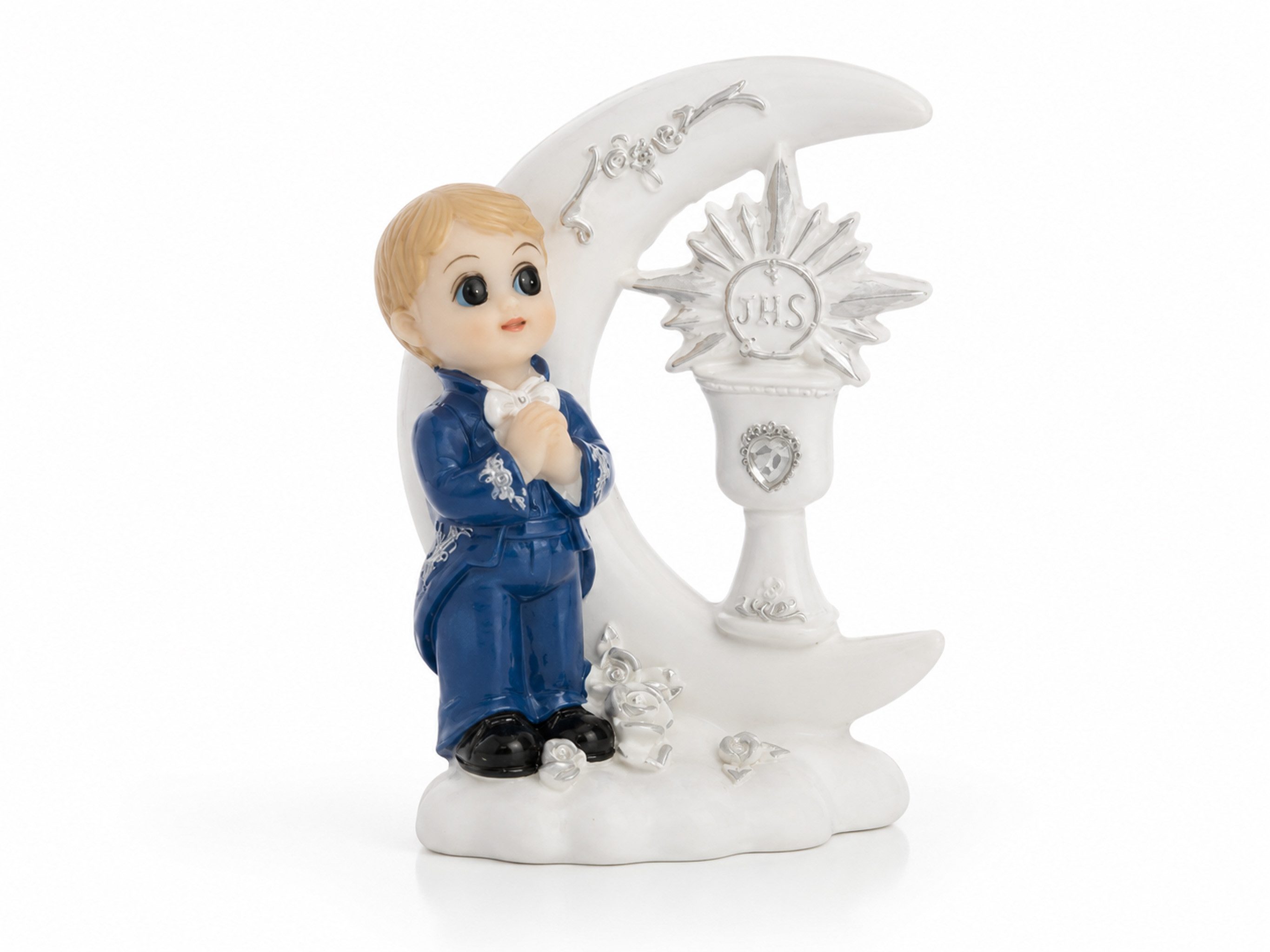 partydeco Tortenstecker, Tortenfigur Kommunion Junge mit Mond 8,5x6x3,5cm Blau Weiß