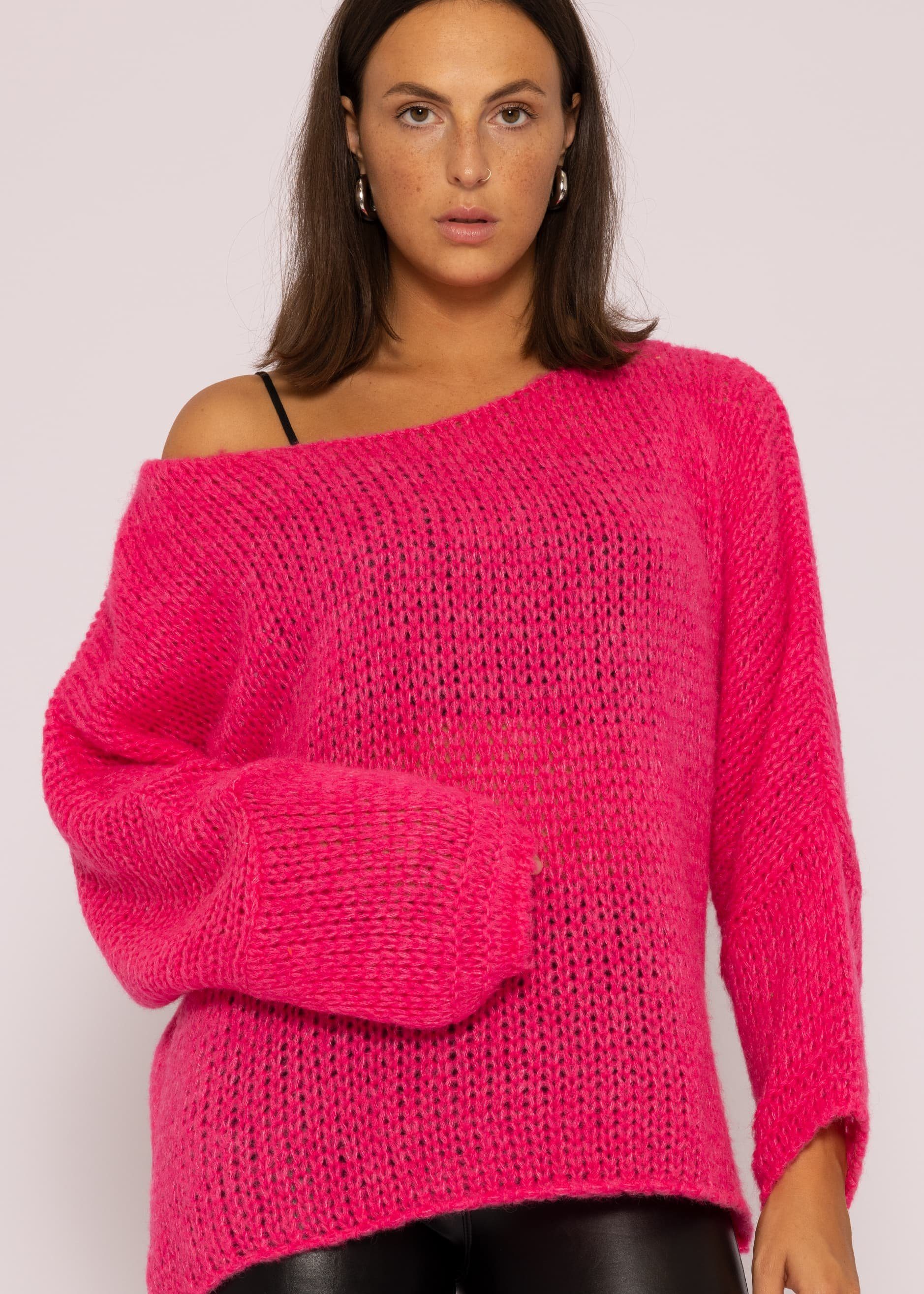 Strickpullover weichem SASSYCLASSY Rundhals-Ausschnitt, Lässiger Made aus Oversize Italy Grobstrick mit in lang Pink Damen Strickpullover Pullover
