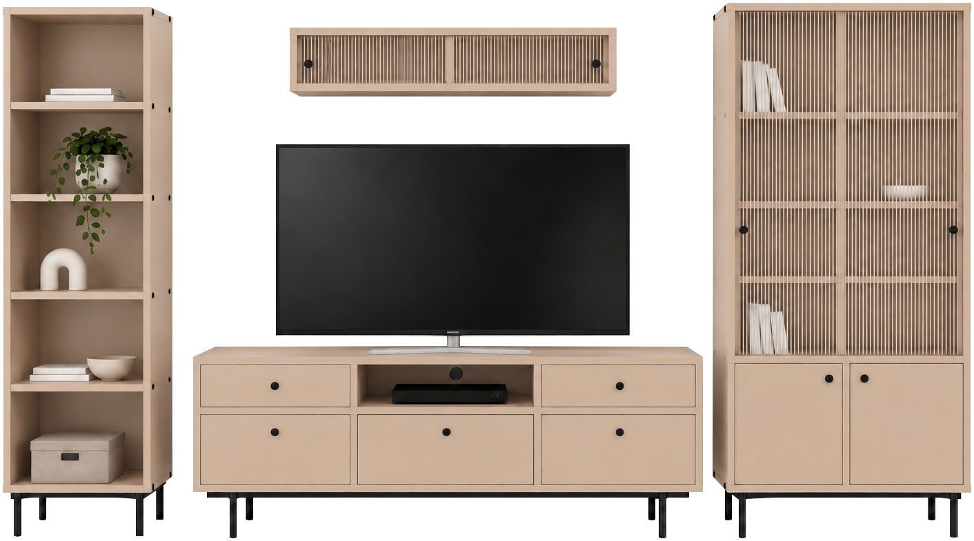 Home affaire Wohnwand Arrocco: 4-teilige Wohnwang, Wohnzimmer, viel Stautraum,5 Schubladen, (4-St., TV Schrank, Regal, Vitrine, Hängeschrank), Design-Set mit schwarzen Akzenten, z. B. Griffen & Kabeldurchführung
