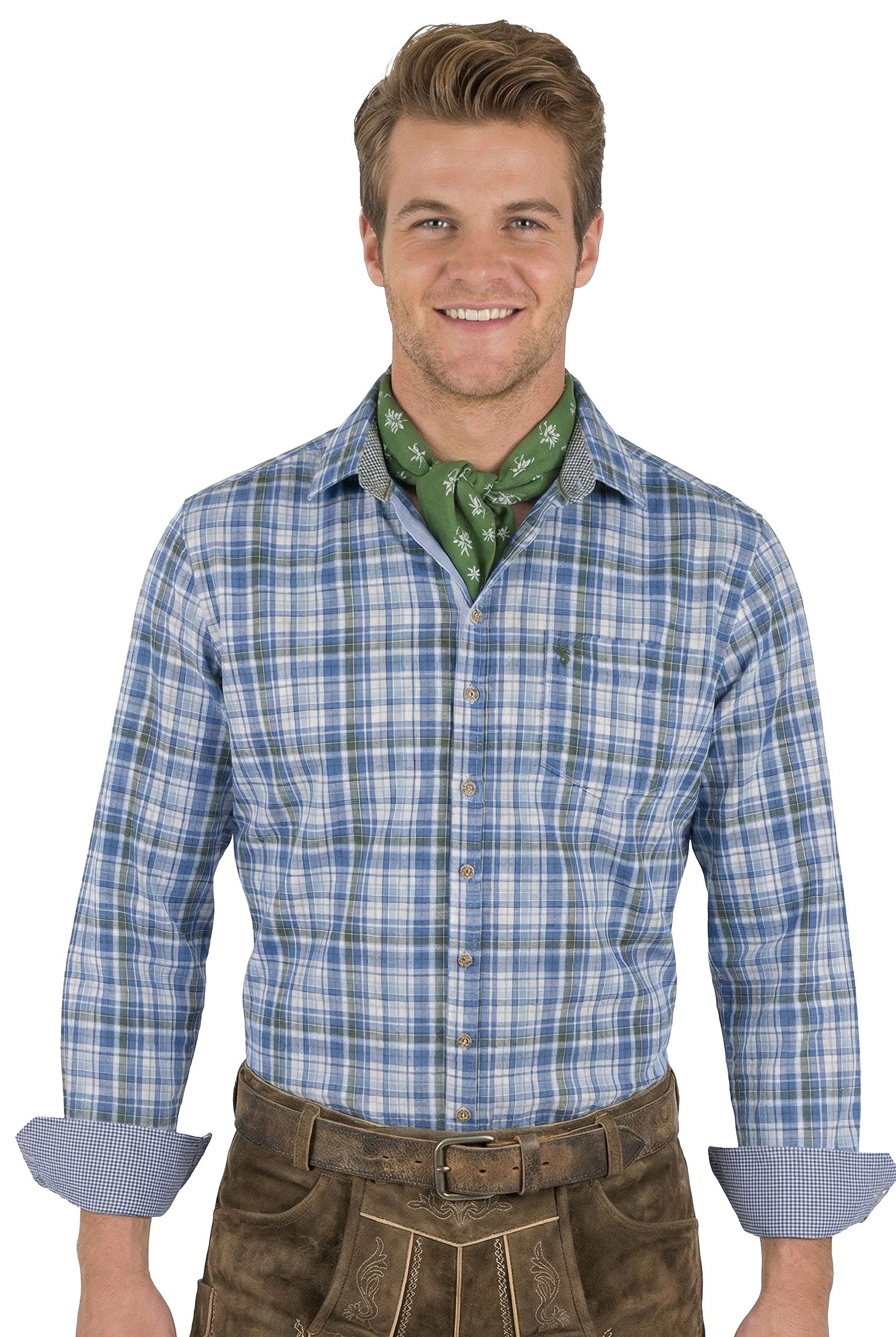 Moschen-Bayern Trachtenhemd Trachtenhemd SLIMFIT Herren kariert Stickerei Herrenhemd Langarm Blau