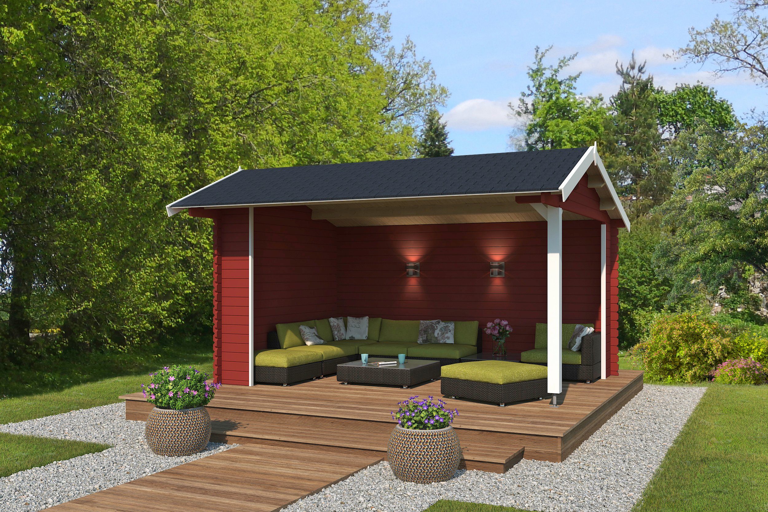 Gartenhaus cm, Diego, / BxT: 4250x3000, MAJA Fundamentmass Lounge 445x389 LASITA Schwedenrot 34mm, San Unterstand/Lounge Unterstand