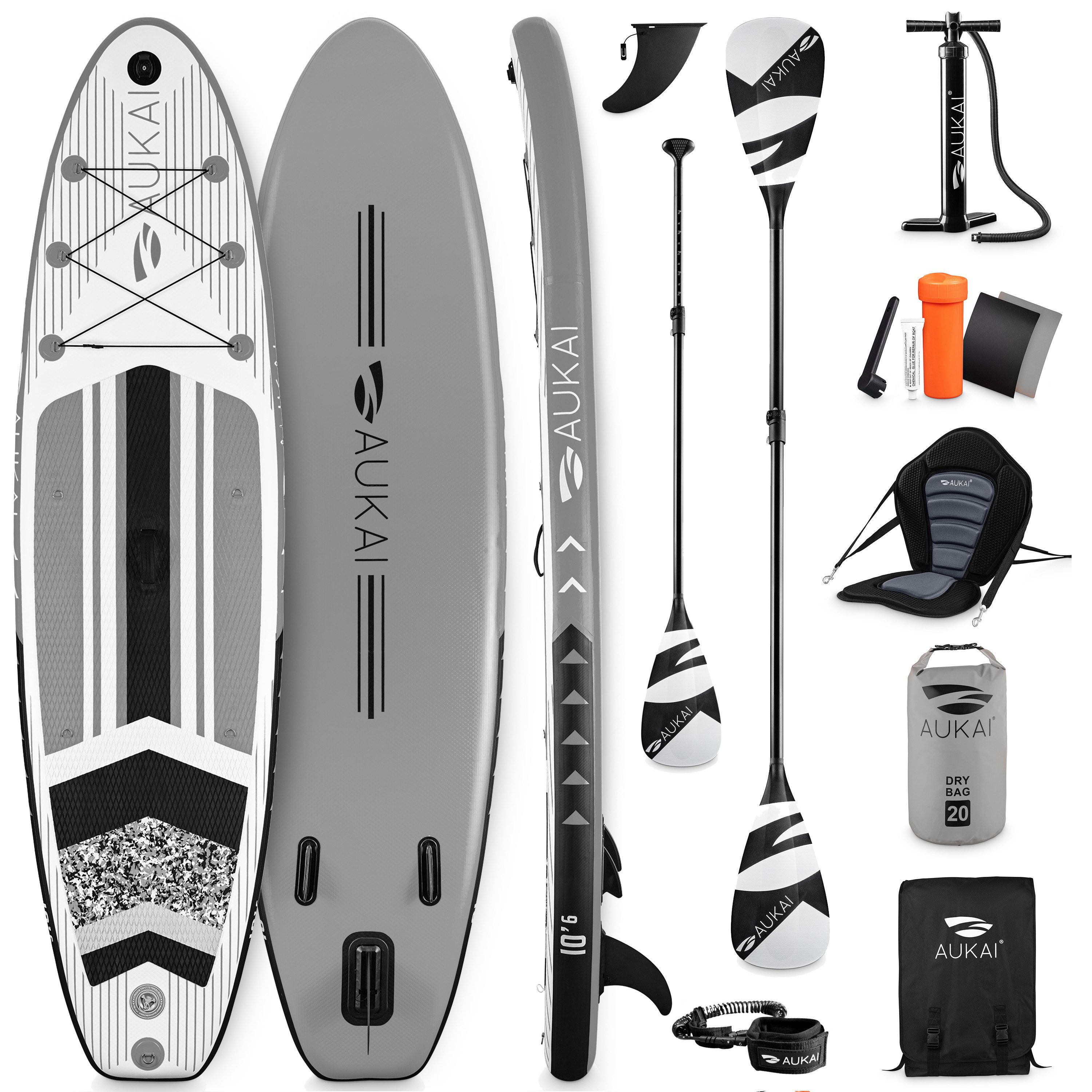 Aukai SUP-Board PRO 320cm, 2in1 Aufblasbares Stand up Paddle Set mit Kajak-Sitz, (Action-Cam-Halterung, Fußschlaufe, Pumpe, Rucksack, AquaBag), Komplettsett - 5 Jahre Garantie