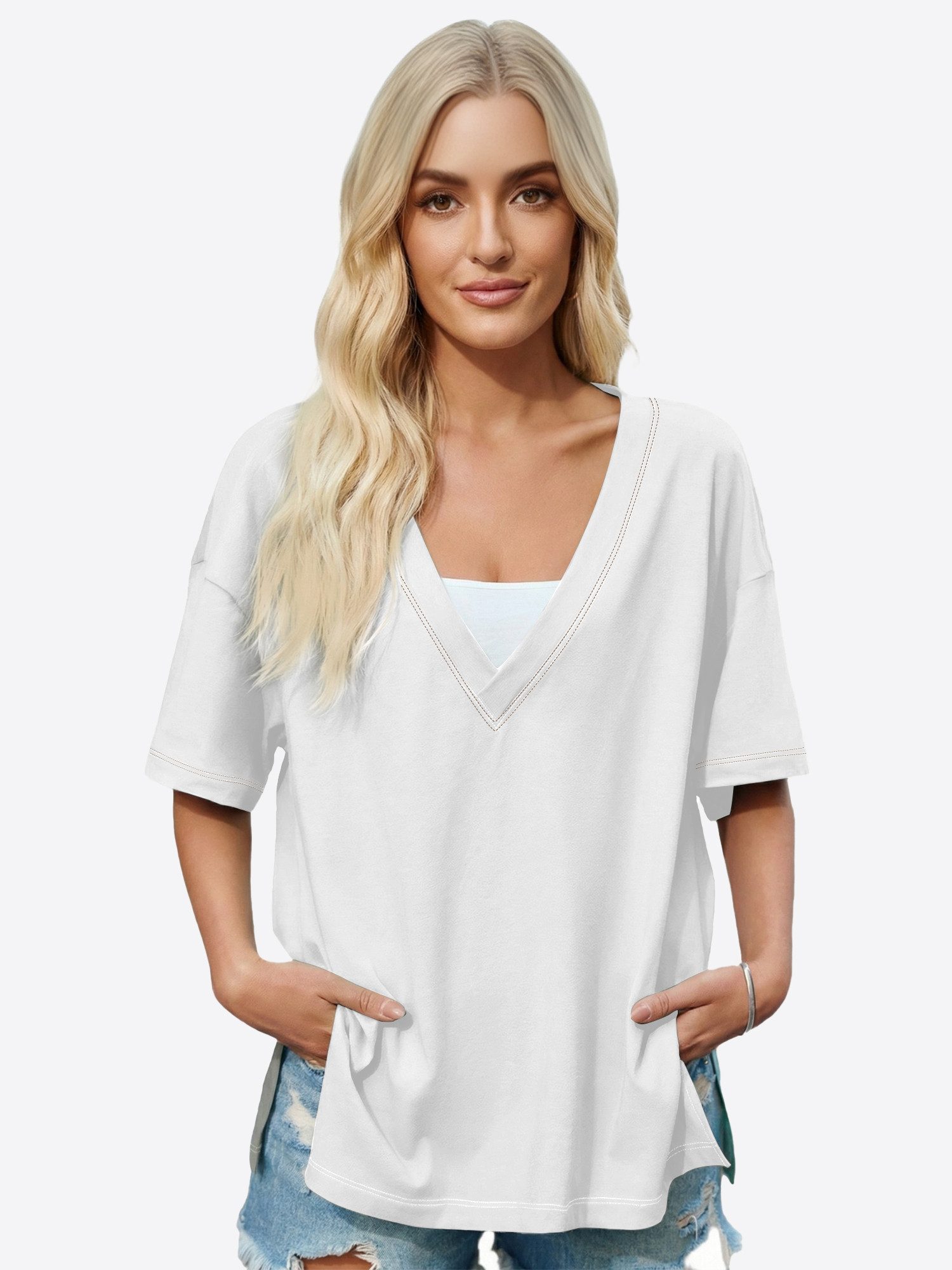 Imily Bela T-Shirt Damen Oversize mit tiefem V-Ausschnitt Cover-up Casual ( günstig online kaufen