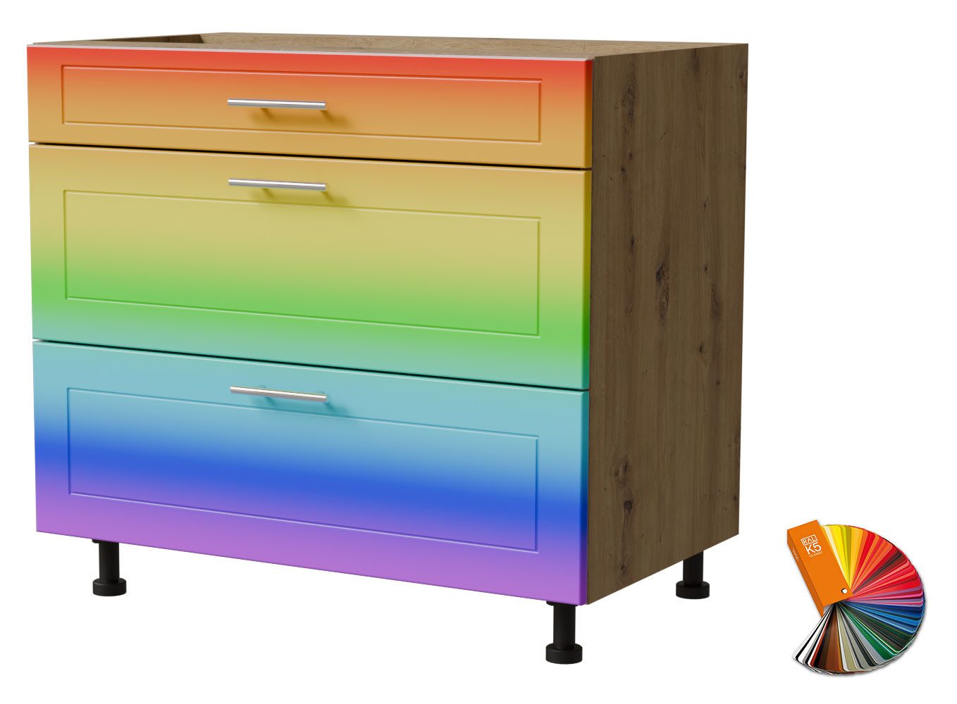Feldmann-Wohnen Auszugsunterschrank Bari (D3M/90, 3 Schubladen, Blum Metabox Teilauszug, 1-St., moderne Kassettenoptik, lackierte Fronten, 90x50x82cm) Eiche Artisan / RAL Wunschfarbe matt (K5)