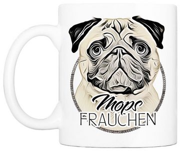 Cadouri Tasse MOPS FRAUCHEN - Kaffeetasse für Hundefreunde, Keramik, mit Hunderasse, beidseitig bedruckt, handgefertigt, Geschenk, 330 ml
