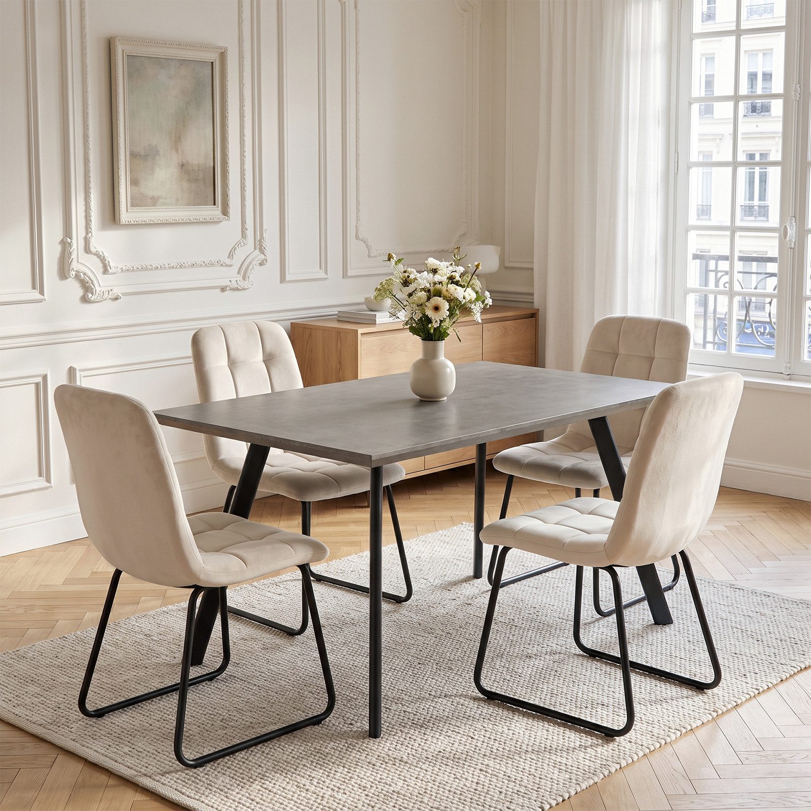 Jiexi Essgruppe Essgruppe fest 120x73 MDF Grau Tisch Set mit Flanell Stühlen