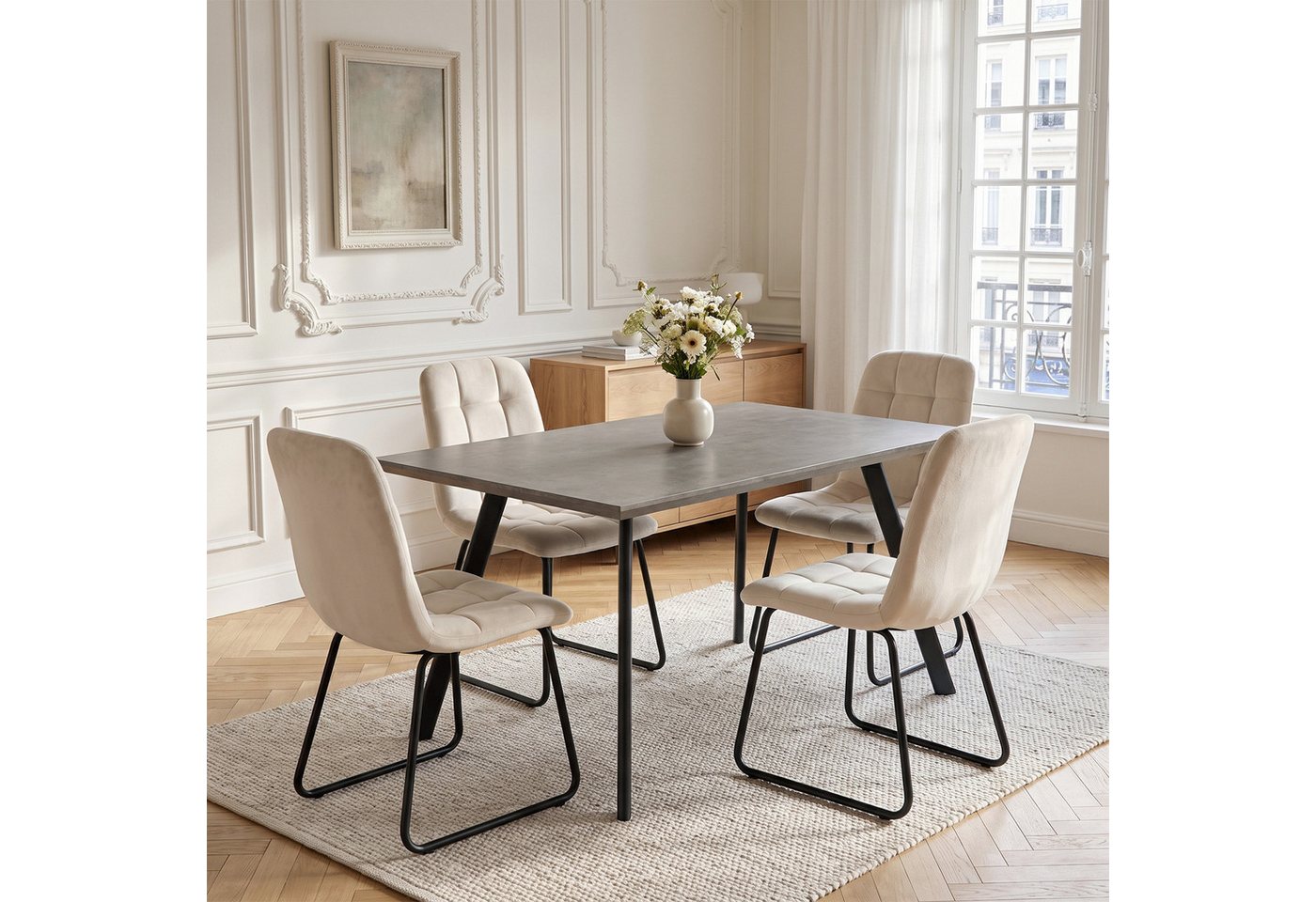 Jiexi Essgruppe Essgruppe fest 120x73 MDF Grau Tisch Set mit Flanell Stühlen