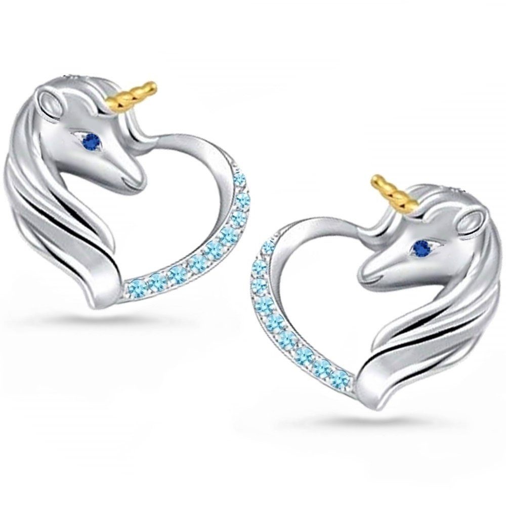 Goldene Hufeisen Paar Ohrstecker Blau inkl. Pferd mit Einhorn Silber (1 Paar, Zirkonia Herz Etui), Ohrstecker 925 Rhodiniert