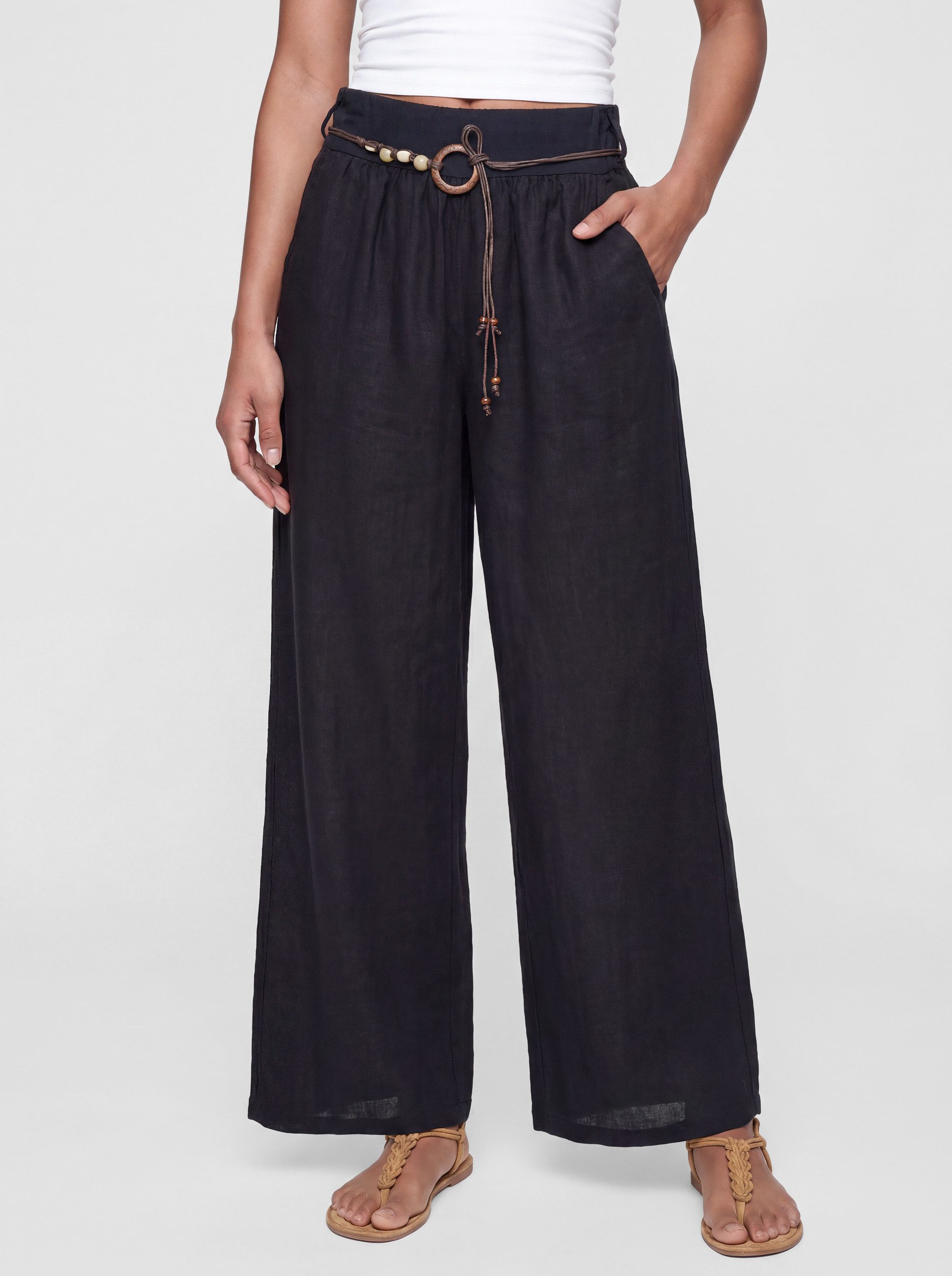 PEKIVESSA Leinenhose Wide-Leg Schlupfhose mit weitem Bein und Gürtel