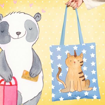 Mr. & Mrs. Panda Tragetasche Einhorn Katze - Sky Blue - Geschenk, Stoffbeutel, Einkaufstasche, Jut (1-tlg), Cross Stitching Griffe