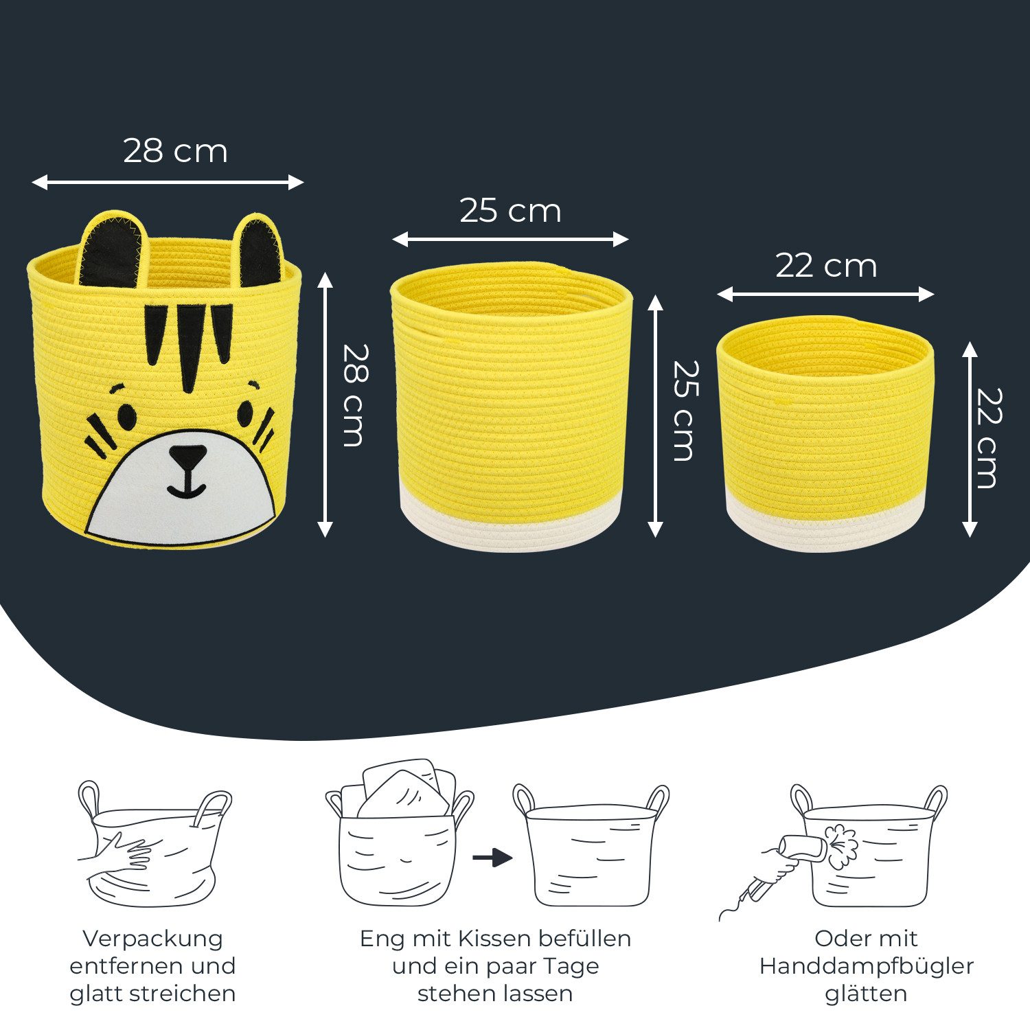 HMF Aufbewahrungskorb Aufbewahrungskorb mit versteckten Griffen (3er, Set), Korb für Kinderzimmer aus Baumwolle, Tiger, Groß, Mittel, Klein – Bild 5 von 5