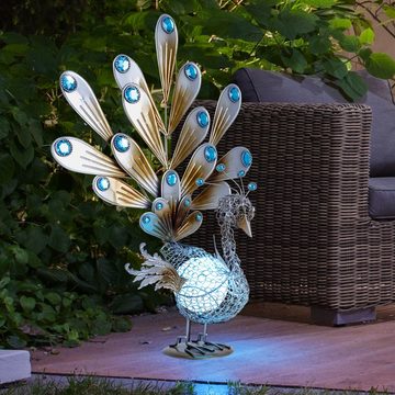 etc-shop LED Dekofigur, LED-Leuchtmittel fest verbaut, 2x LED Außen Solar Steh Lampe Kristall Garten Erdspieß Pfau