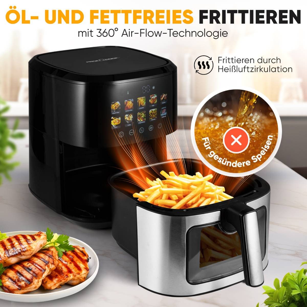 ProfiCook Heißluftfritteuse PC-FR 1286 H, Heißluftfritteuse 6,5L, ohne Öl oder Fett
