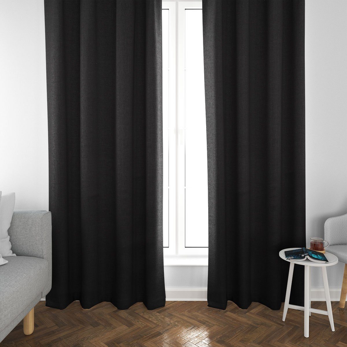 SCHÖNER LEBEN. Vorhang SCHÖNER LEBEN. Vorhang Waffelrelief Kästchenstruktur uni schwarz 245c, Smokband, blickdicht, Baumwolle, handmade