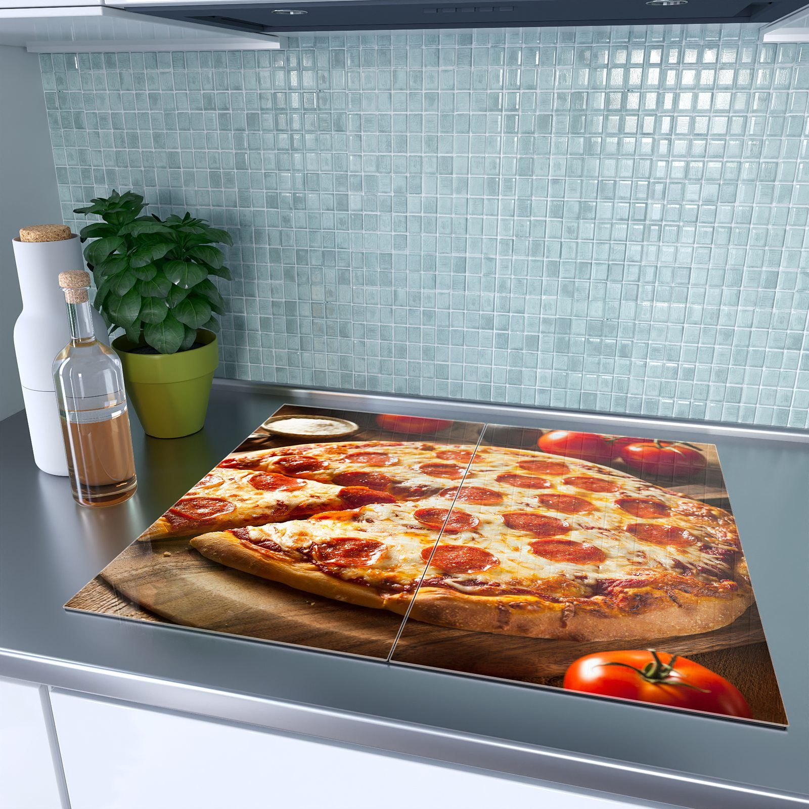 Primedeco Herd-Abdeckplatte Pizza tlg) Spritzschutz Herdabdeckplatte (2 Glas aus auf Glas, Holzplatte