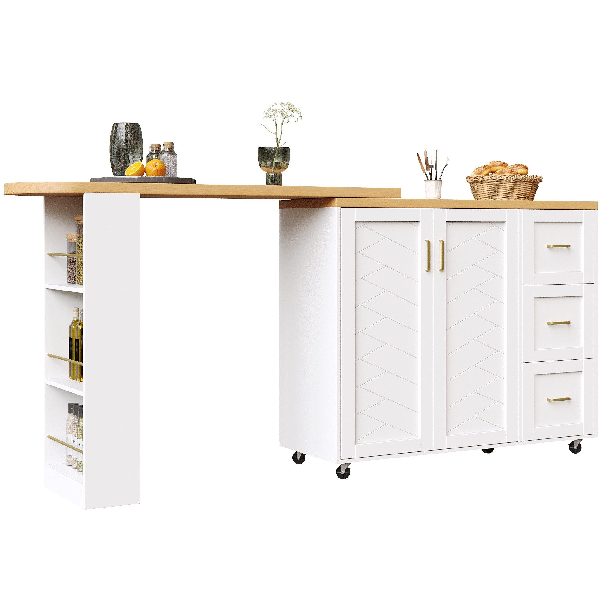 i@home Bartisch Ausziehbarer Sieborad mit Stauraum, rollbar, L-förmig (mit 2 Türen & 3 Schubladen 135–228 x 39 x 104 cm), Arbeitsplatte aus Holzoptik, ideal für Küche, Wohnzimmer und Balkon