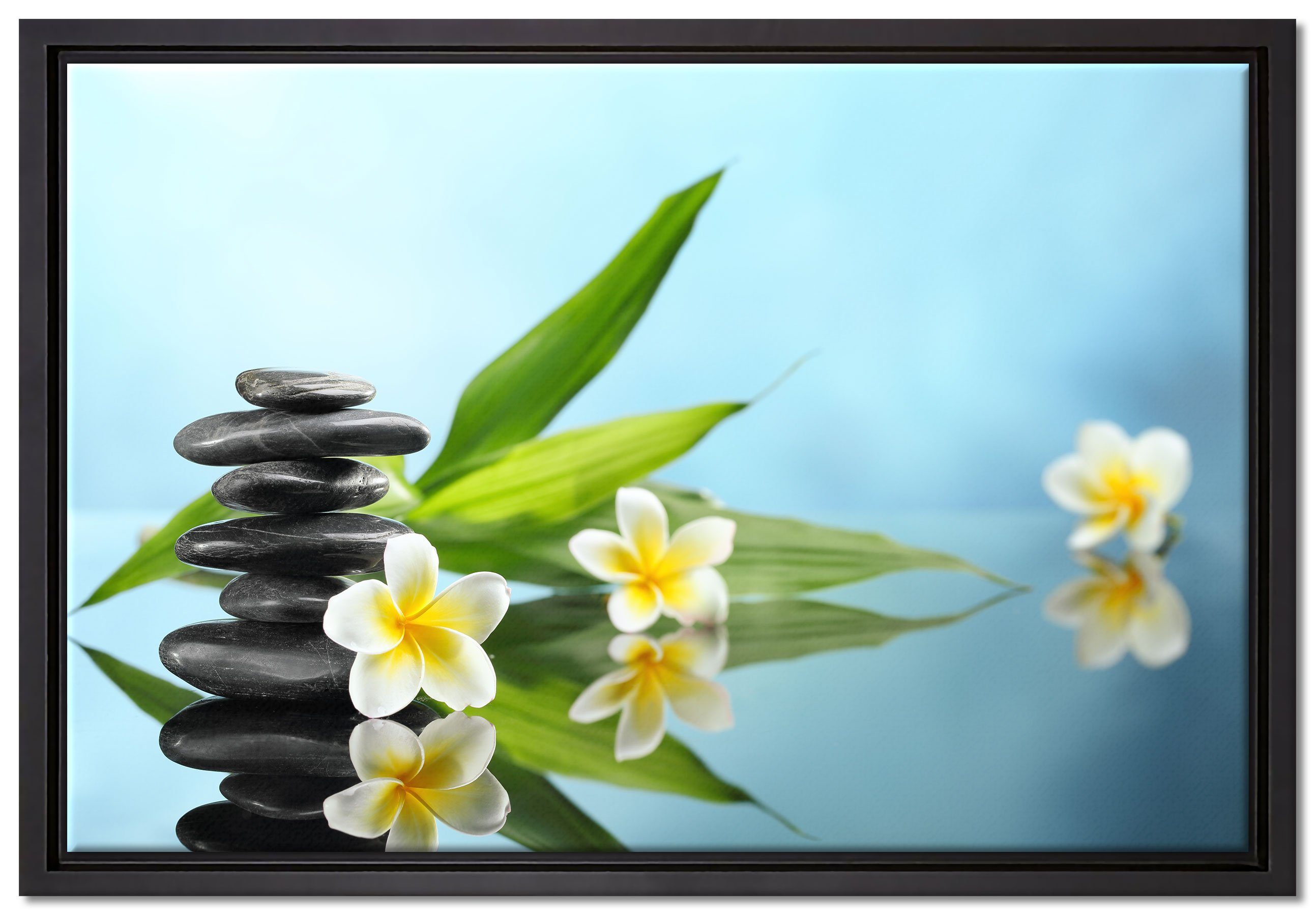 Pixxprint Leinwandbild Zen Steinturm Monoi Blüten, Wanddekoration (1 St), Leinwandbild fertig bespannt, in einem Schattenfugen-Bilderrahmen gefasst, inkl. Zackenaufhänger