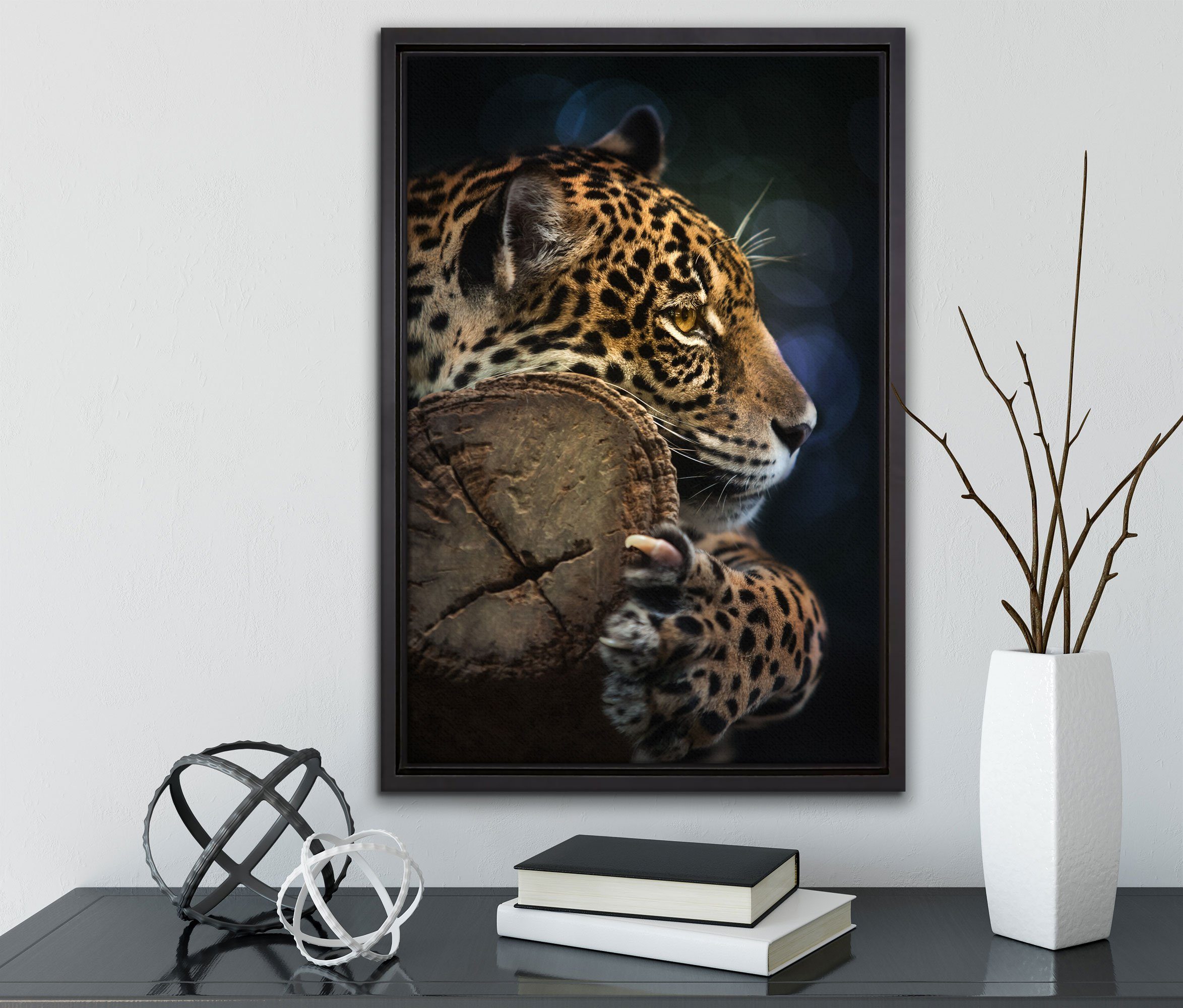 inkl. Pixxprint Leopard, St), bespannt, (1 fertig Leinwandbild in Wunderschöner Leinwandbild einem Schattenfugen-Bilderrahmen gefasst, Wanddekoration Zackenaufhänger