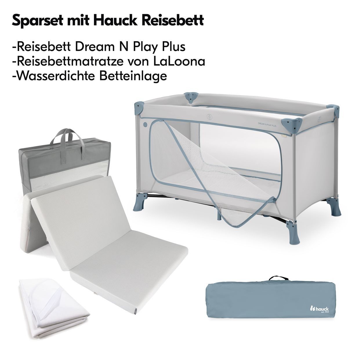 Hauck Baby-Reisebett Dream N Play Plus - Dusty Blue, Kinder Baby Reisebett mit großem Eingang, Matratze & Betteinlage