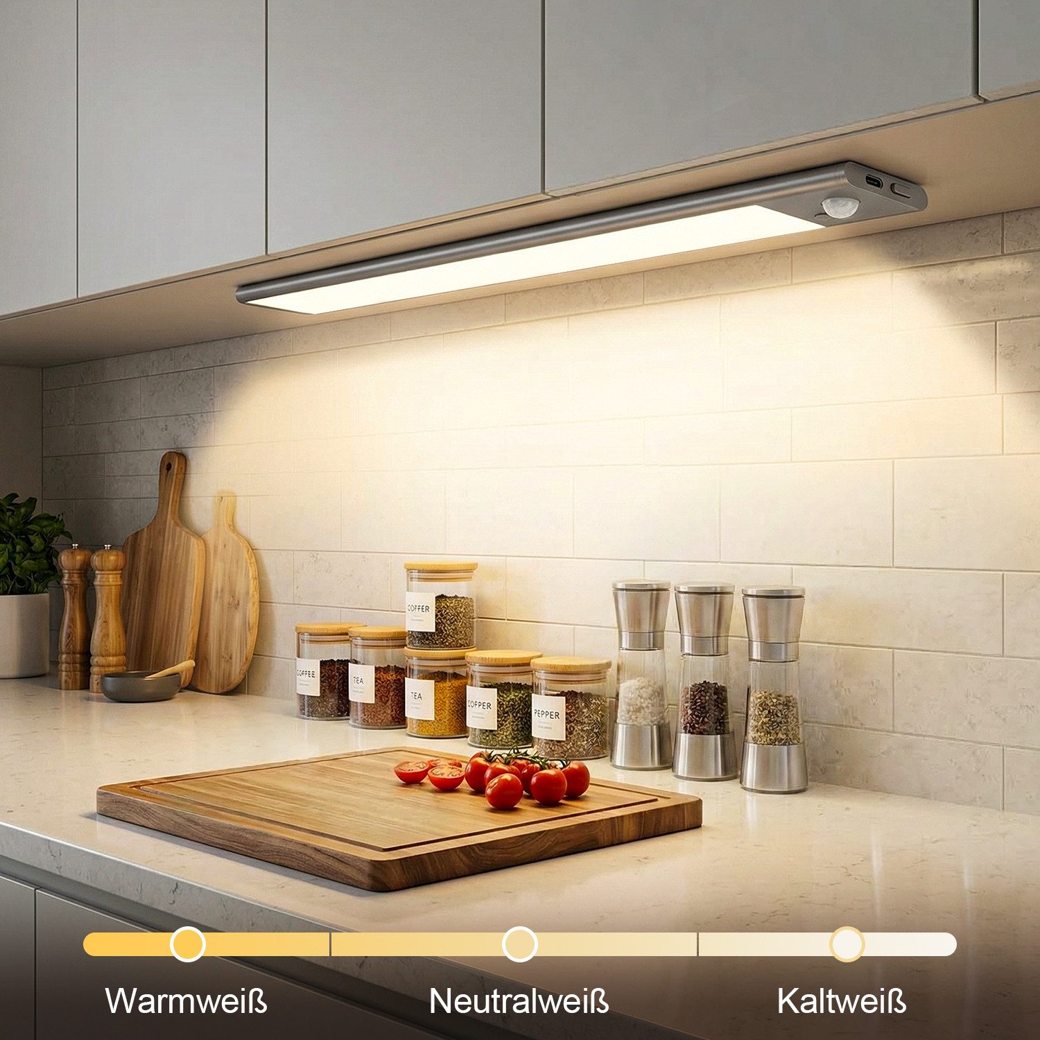 ANYSUN LED Unterbauleuchte Schrankbeleuchtung Kabellos mit Bewegungsmelder und Lichtsensor, 23cm LED Leiste mit 900 mah Wiederaufladbarer Akku Farbwechsler, Warmweiß, Kaltweiß, Neutralweiß, 6000K 4000K 3000K Dimmbar Nachtlicht für Treppenbeleuchtung und Kueche