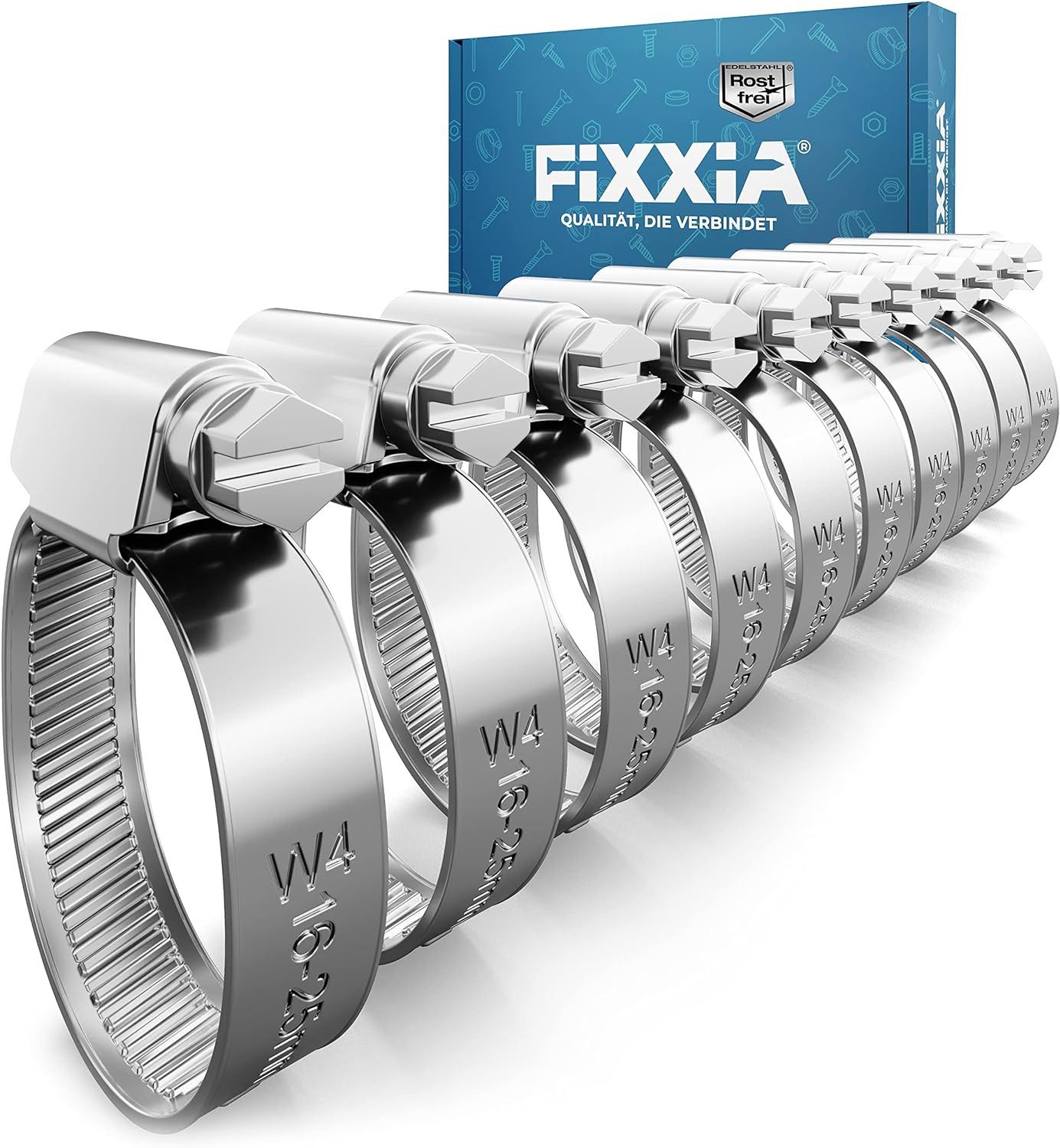 FIXXIA Schlauchschelle FIXXIA Schlauchschellen 10er Set 16–25 mm Edelstahl rostfrei robust, für Pool, Garten, KFZ & Waschmaschine