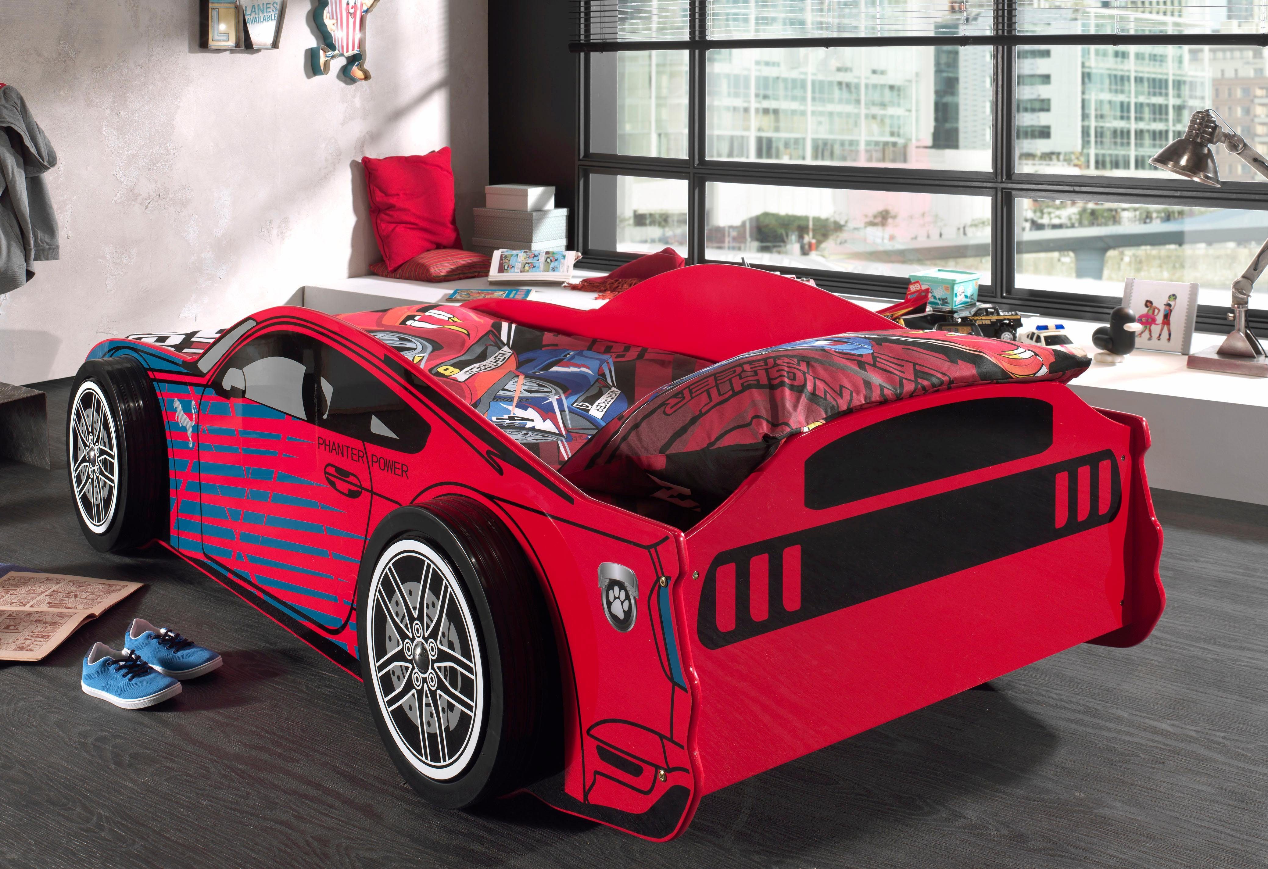 Vipack Car Bed Sport Car Look, Sleeping Area 90/200, Glossy Lacquered MDF (W/H/D approx. 227x60x111cm, incl. Slatted Frame, Wheels in Rim Look), Striking Plastic Front, a Highlight in the Children's Room