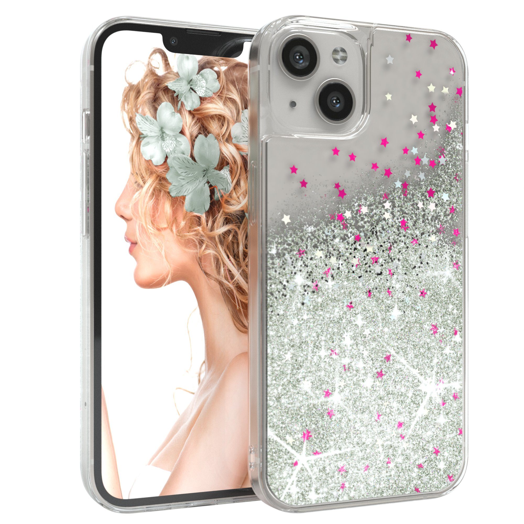 EAZY CASE Handyhülle Liquid Glittery Case für Apple iPhone 13 6,1 Zoll, Kratzfeste Silikonhülle stoßfestes Back Cover Phone Case Etui Silber