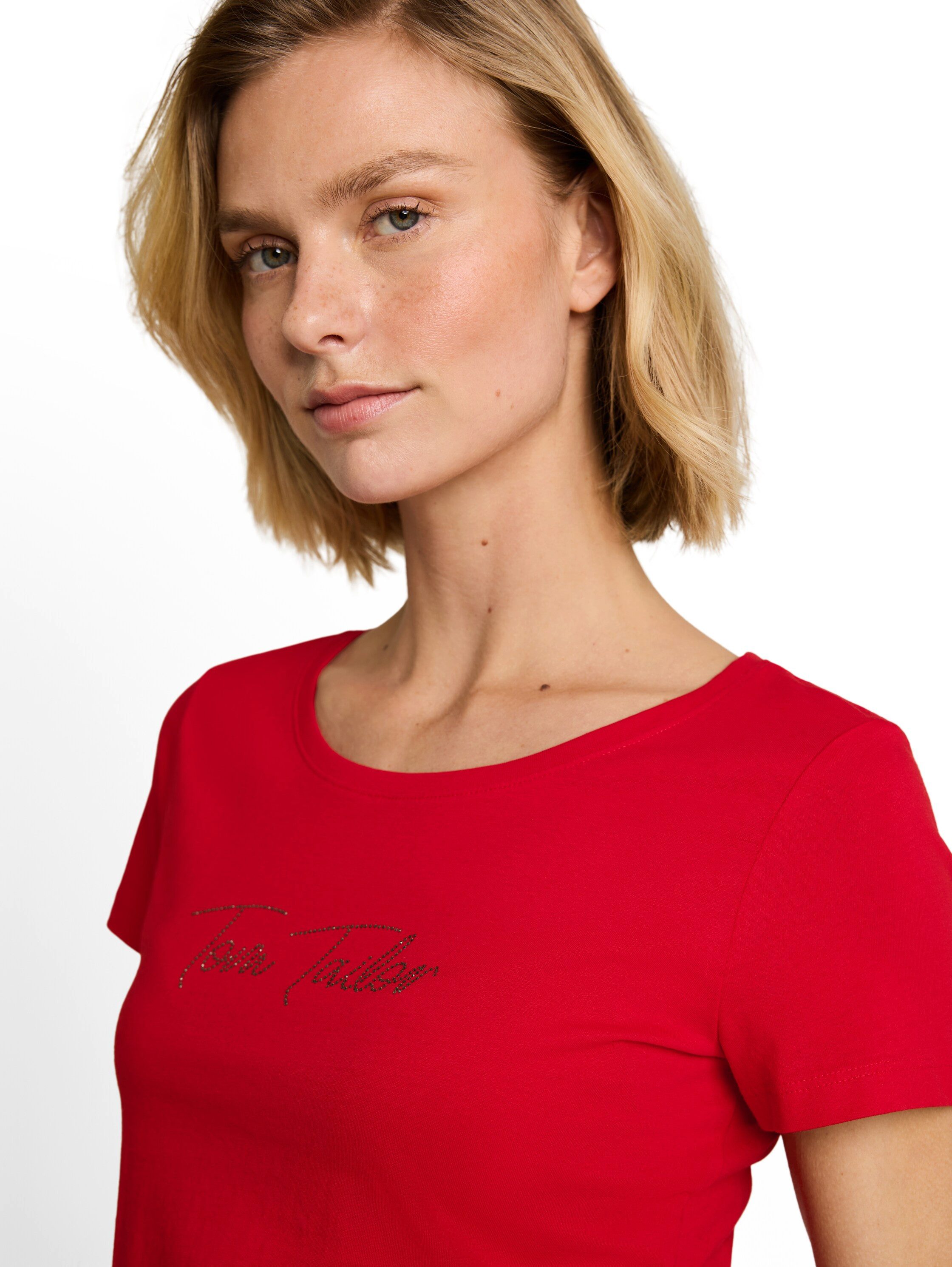 TOM TAILOR Kurzarmshirt Sommershirt mit Glitzer-Wording – Bild 2 von 5