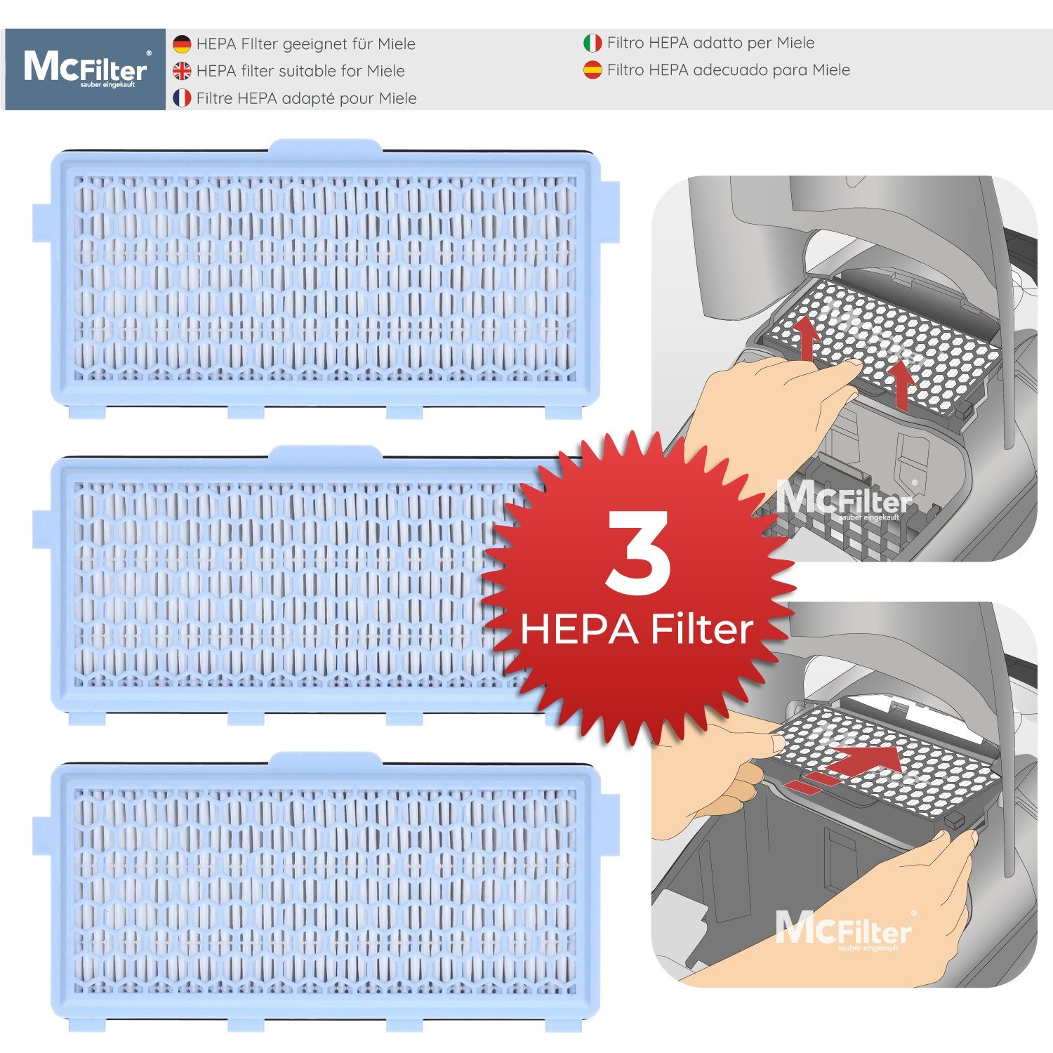 McFilter HEPA-Filter 3x + 3 Motorfilter (zuschneidbar) passend für Miele  Staubsauger GN, Serie S4 S5 S6 S8, Complete C2/C3, Compact C1/C2, S8340,  MAXI BOX