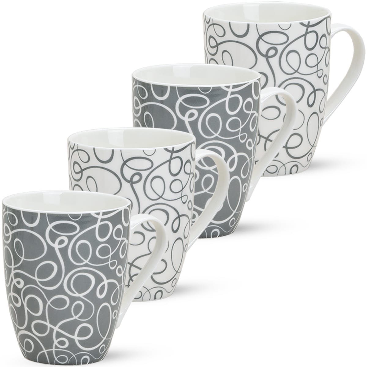 matches21 HOME & HOBBY Tasse Kaffeetassen 4er Set Abstrakte Schleifen Kreise Muster, 4-tlg., Porzellan, Tee Kaffee-Becher, modern, grau weiss, 300 ml